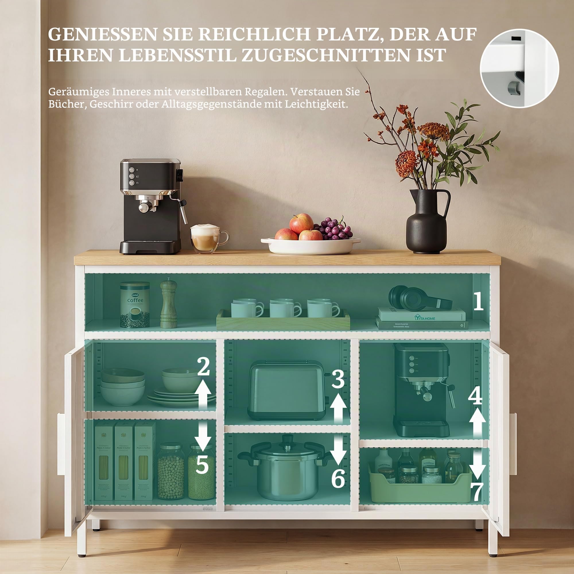 YITAHOME Sideboard Metallschrank, Küchenschrank Doppeltür, 108 cm, Weiß