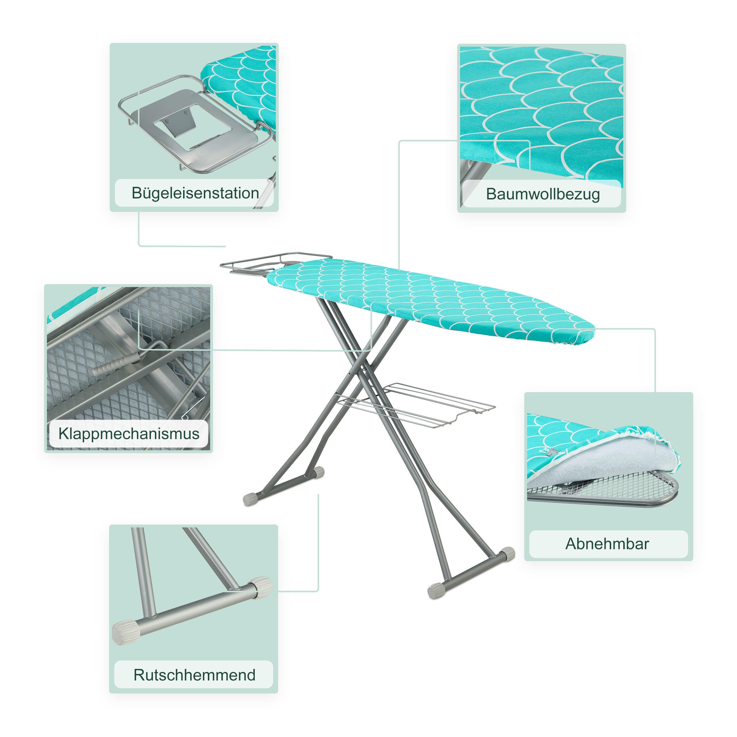 Relaxdays Bügelbrett für Dampfbügeleisen, 122 x 39,5 cm, höhenverstellbar, klappbar, Ablage, Bügeltisch, türkis/Silber