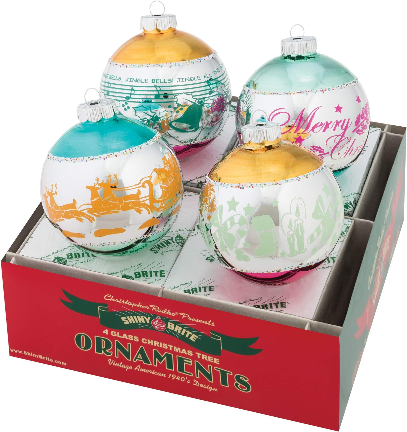 Shiny Brite Vintage Celebration 4" Signature Flocked Ornaments - Set of 4