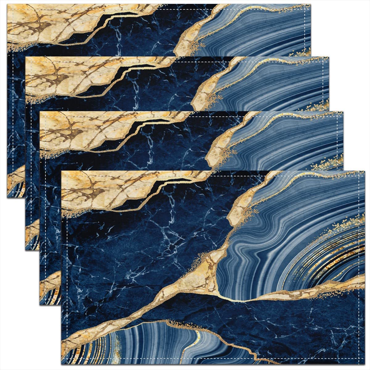 Blue Marble Placemats - Modern Marble Aesthetic Washable Fabric Table Mats - 45x30cm - Gold & Blue - Kitchen & Dining Table