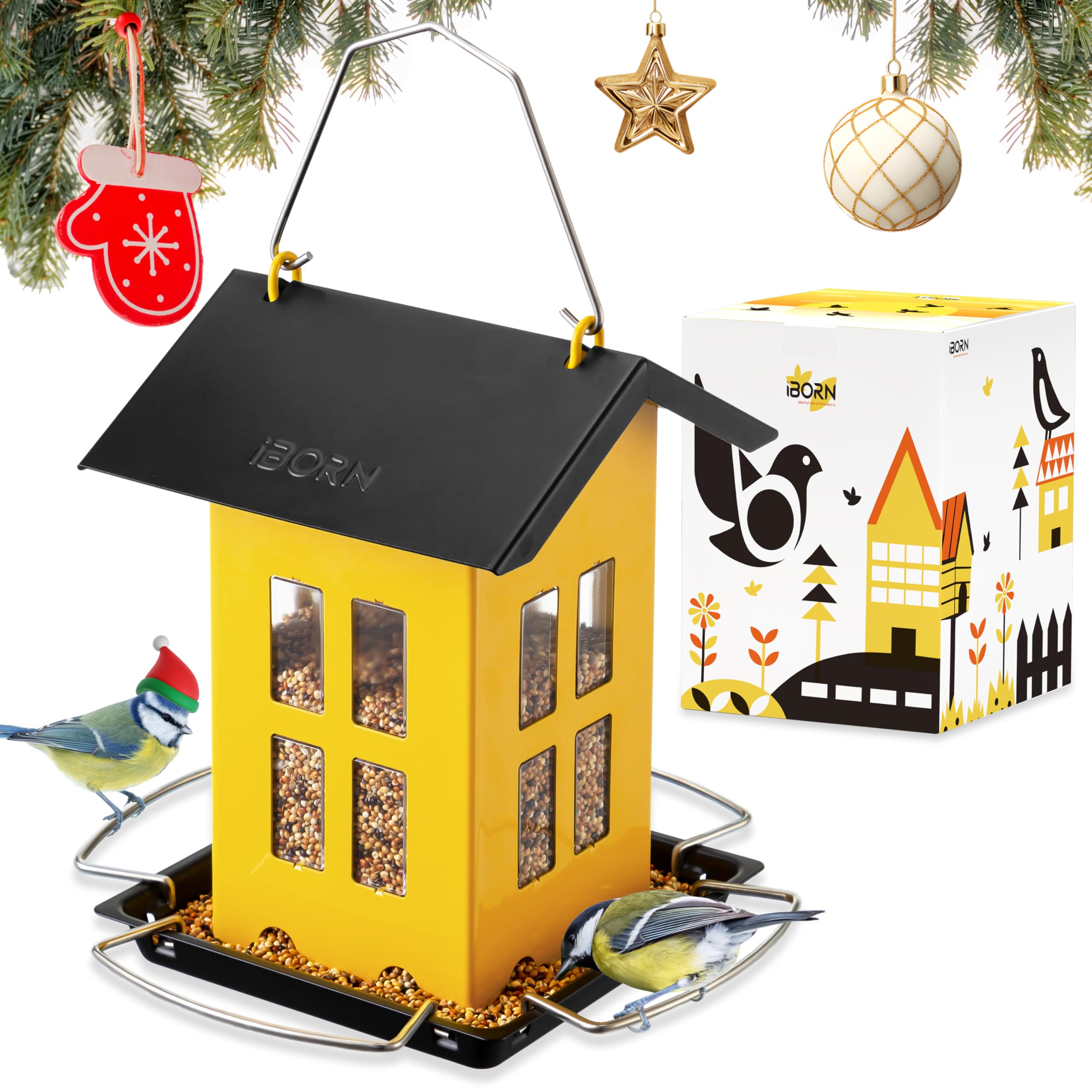 iBorn Bird Feeder House, Metal Bird Feeders for Outdoors Hanging,Double-Sided Metal Hanger & Weatherproof, Easy to Clean & Refill, 2.2 Lbs Capacity, Yellow