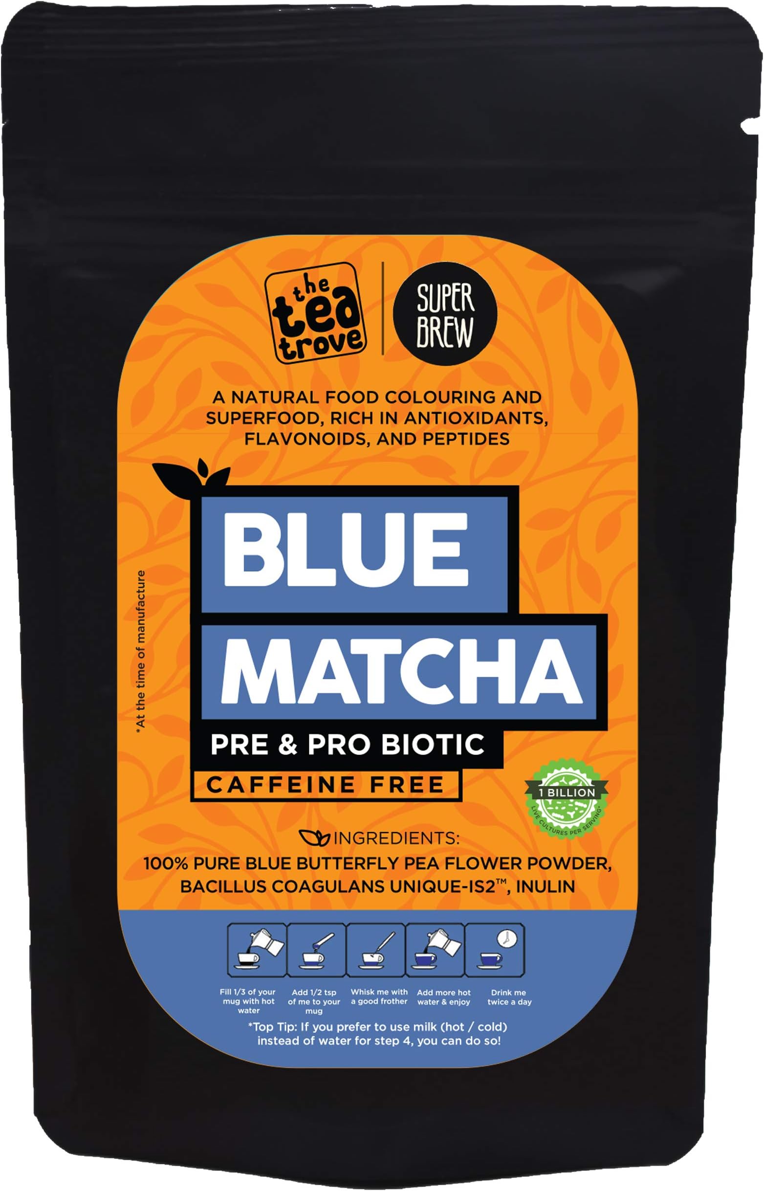 The Tea Trove Superbrew Probiotic Blue Matcha (30 gm) Blue Butterfly Pea Flower Powder - Organic Natural Food Coloring - 100% Pure Blue Butterfly pea Powder for Tea, Smoothie, Ice Cream, Food