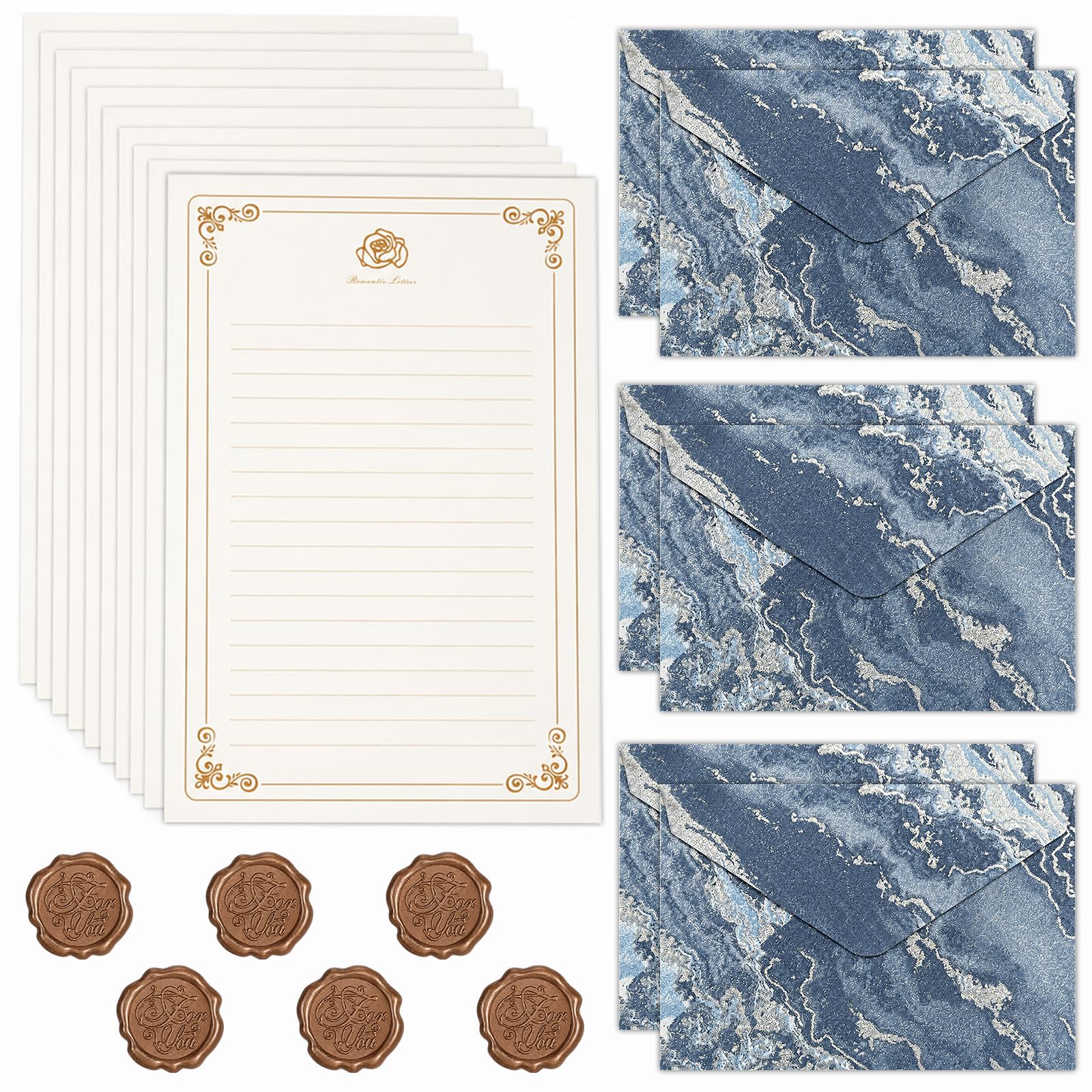 22Pcs Letter Writing Set, Vintage Letter Paper and Envelopes Sets, 10 Writing Paper and 6 Wax Seal Stickers, Writing Paper and Envelopes Sets for Birthday, Love Letter (Navy Blue)