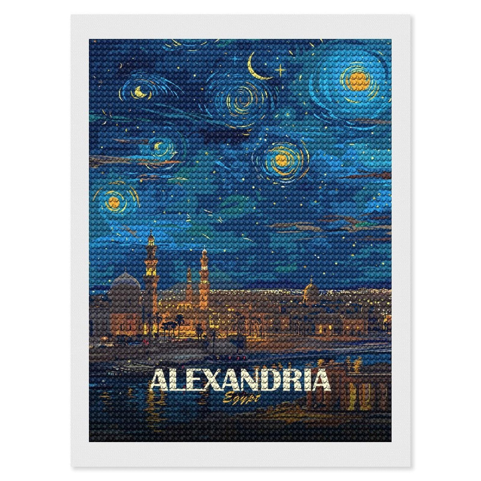 Junmoney Alexandria Egypt Starry Night Art Diamond Painting Set 12"x16", Neat Printed Canvas, with Tool Kit, Bedroom Decor, Gift Idea, Complete Accessories