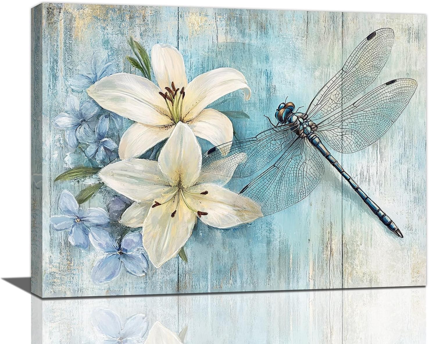 Dragonfly Wall Art, Lily Flower Pictures Wall Decor, Rustic Dragonfly Painting Canvas Prints, Framed Artwork for Bathroom Bedroom Living Room Office Home Decoration 16"x12"