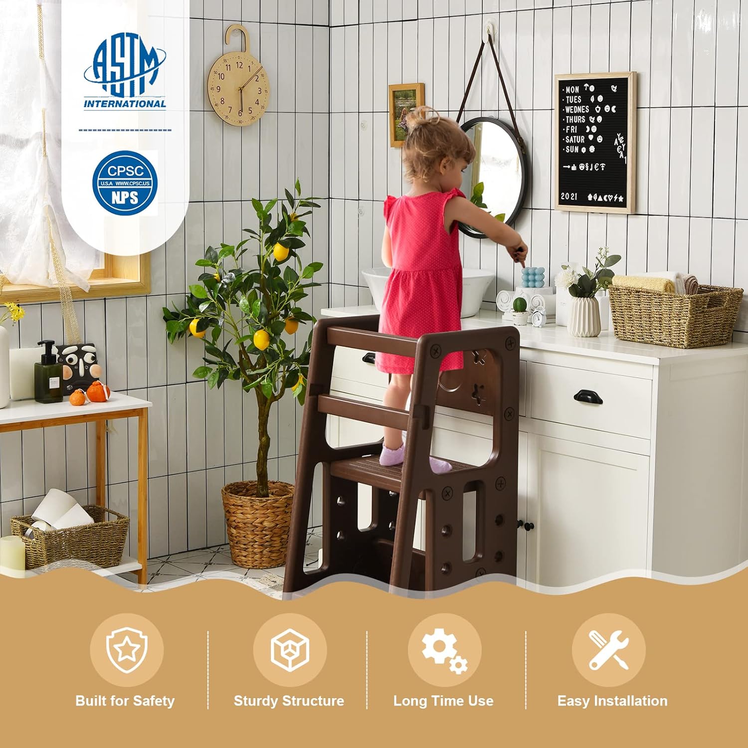 Costzon Kids Kitchen Step Stool with Double Safety Rails, Toddler Learning Stool with 3 Adjustable Heights and Non-Slip Foot Pads, Toddler Tower for Kitchen Countertop and Bathroom (Brown) : Baby