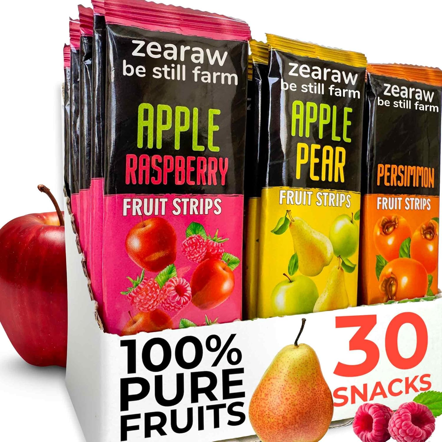 ZEARAW Healthy Fruit Snacks for Adults and Kids – 30 Fruit Leather with Dried Apple-Pear, Apple-Raspberry, Persimmon – Vegan Low-Carb Variety Pack Strips for Kids – Sugar Free Bars