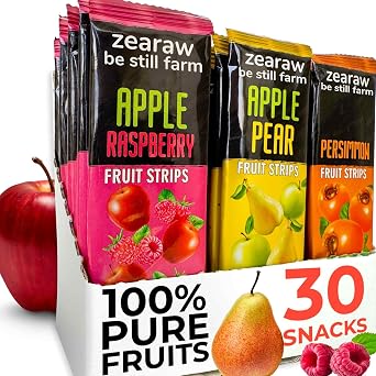 ZEARAW Healthy Fruit Snacks for Adults and Kids 30 Fruit Leather with Dried Apple-Pear, Apple-Raspberry, Persimmon Vegan Low-Carb Variety Pack Strips for Kids Sugar Free Bars
