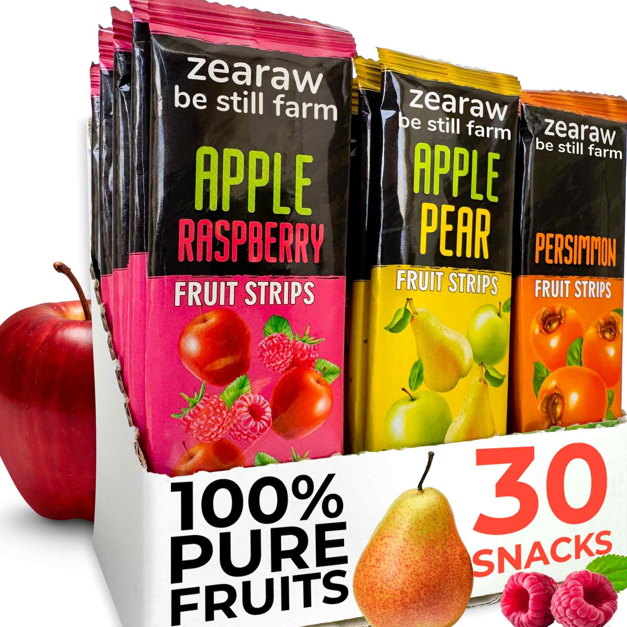 ZEARAW Healthy Fruit Snacks for Adults and Kids – 30 Fruit Leather with Dried Apple-Pear, Apple-Raspberry, Persimmon – Vegan Low-Carb Variety Pack