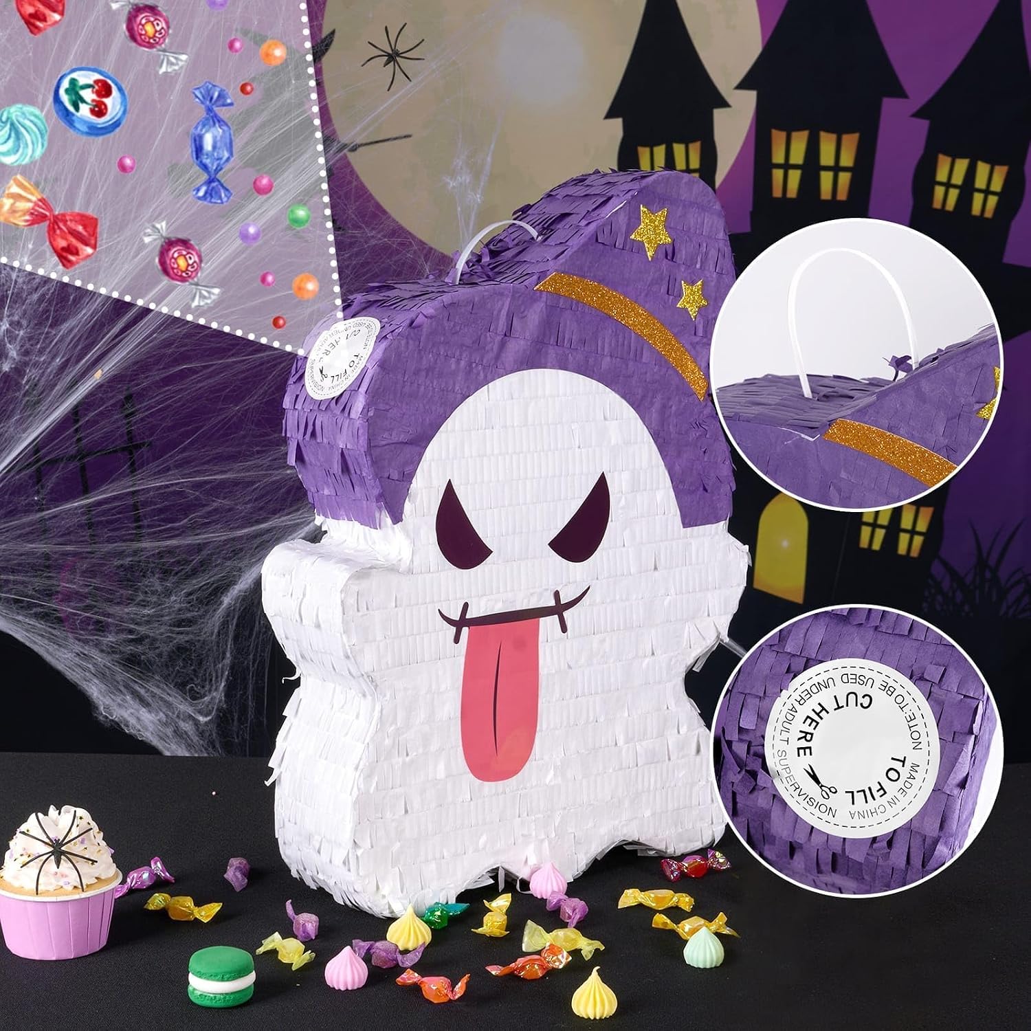 WERNNSAI Halloween Ghost Piñata - Halloween Ghost Party Games Decorations for Kids Baby Hallo-ween Costumes Party Supply Haunted House Ghost Decorations with Bat Blindfold