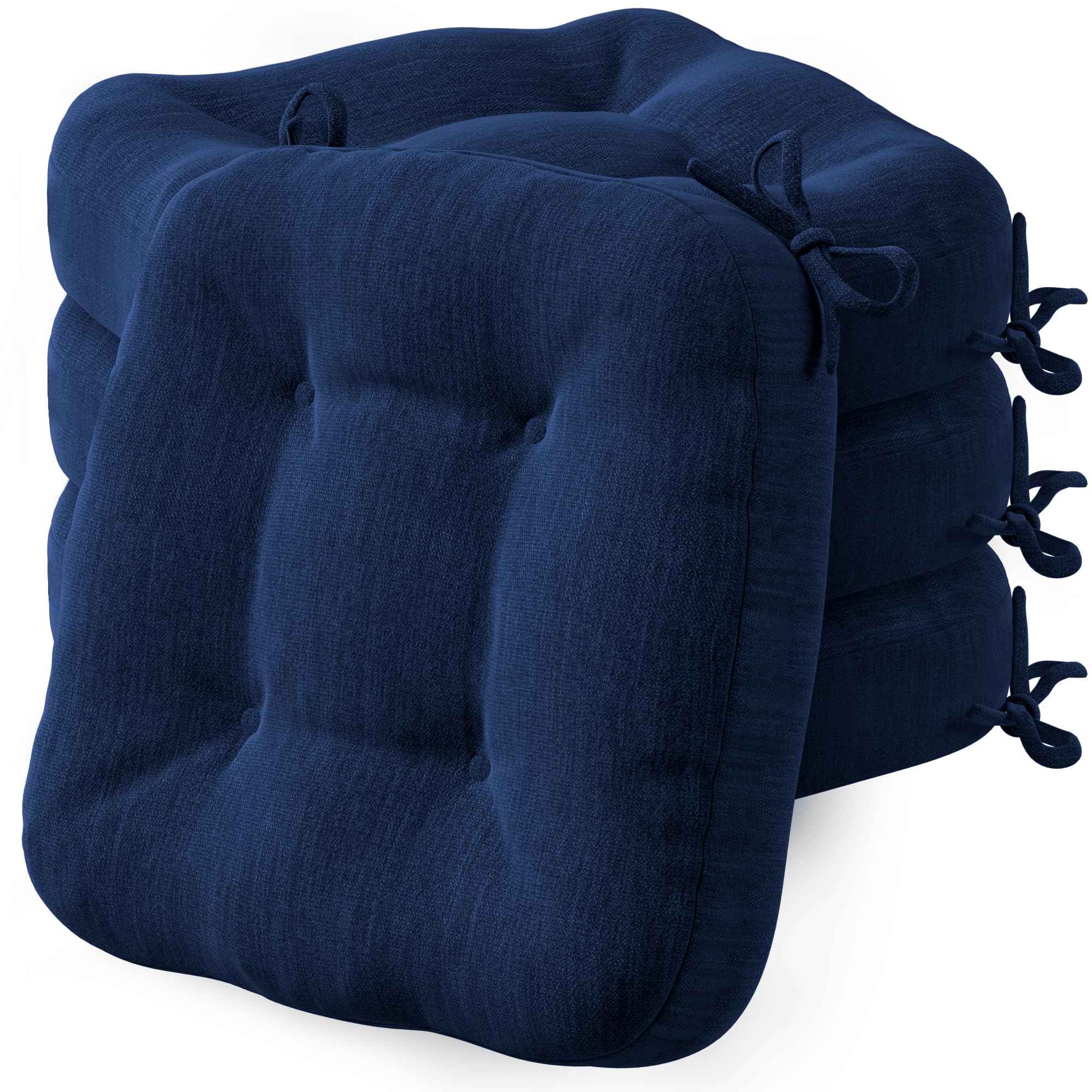 Codi Chair Cushions for Dining Chairs 4 Set, Kitchen Room Thick Seat Cushion, Non-Slip Indoor Pads with Ties, Washable - 16.5" x 16.5" x 3.5", Memory Foam Add, Navy, 4 Pack