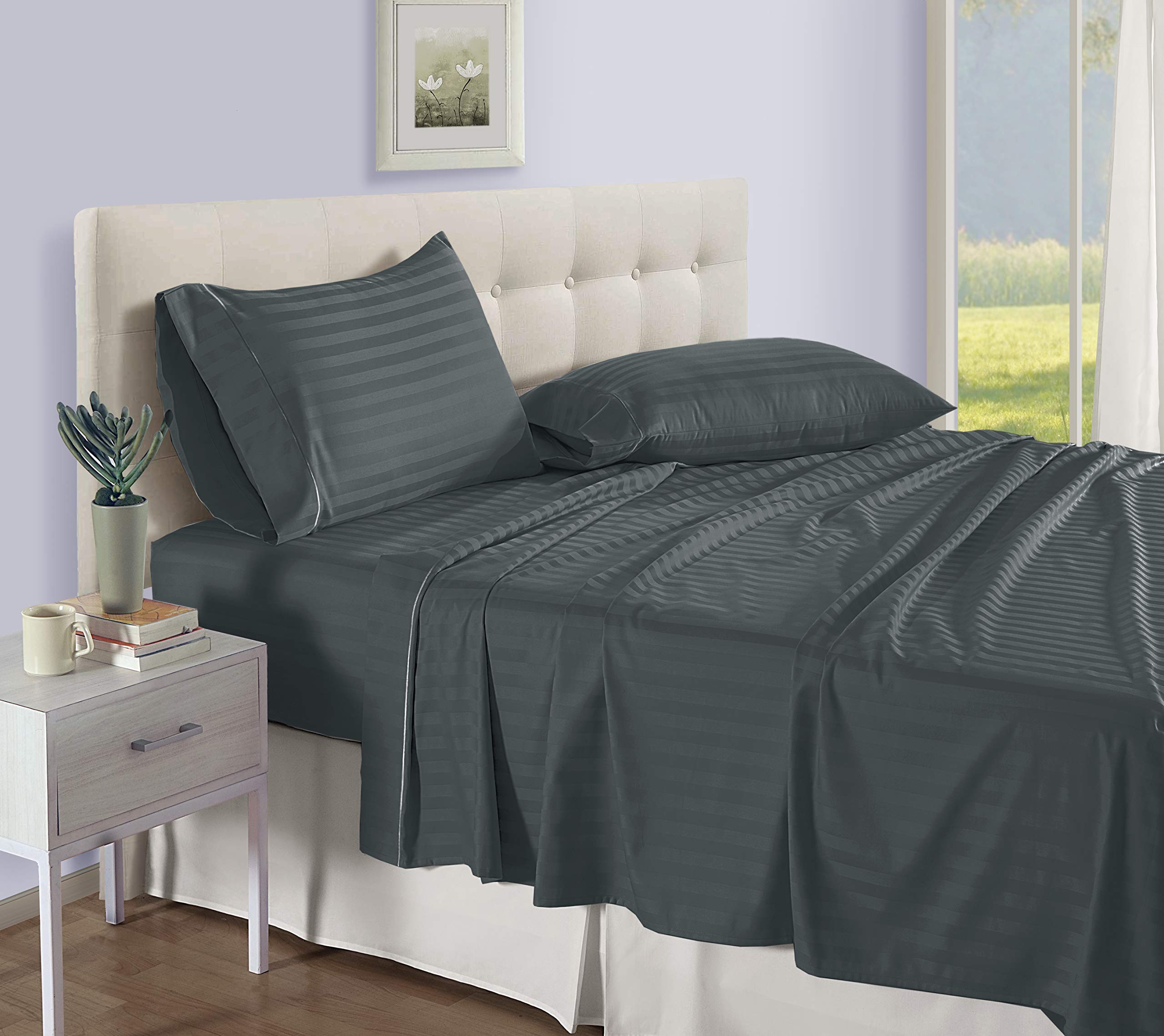 Parure De Draps California King - 1000 Fils, 100% Coton égyptien, Rayures Dorées - Neuf