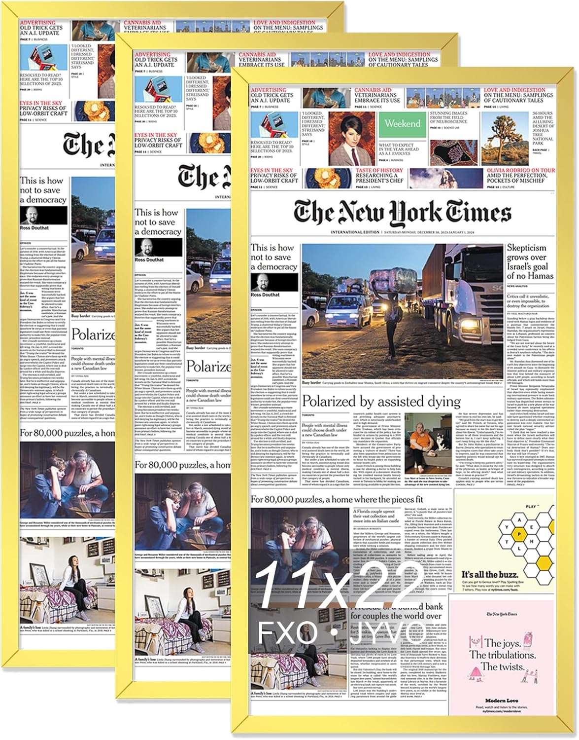 11x22 Newspaper Frame Set of 2, Display 11 x 22 Inch Newspaper Front Page for Wall, Light Weight and High Transparent Picture Frame - 2 Pack/Gold/11by22