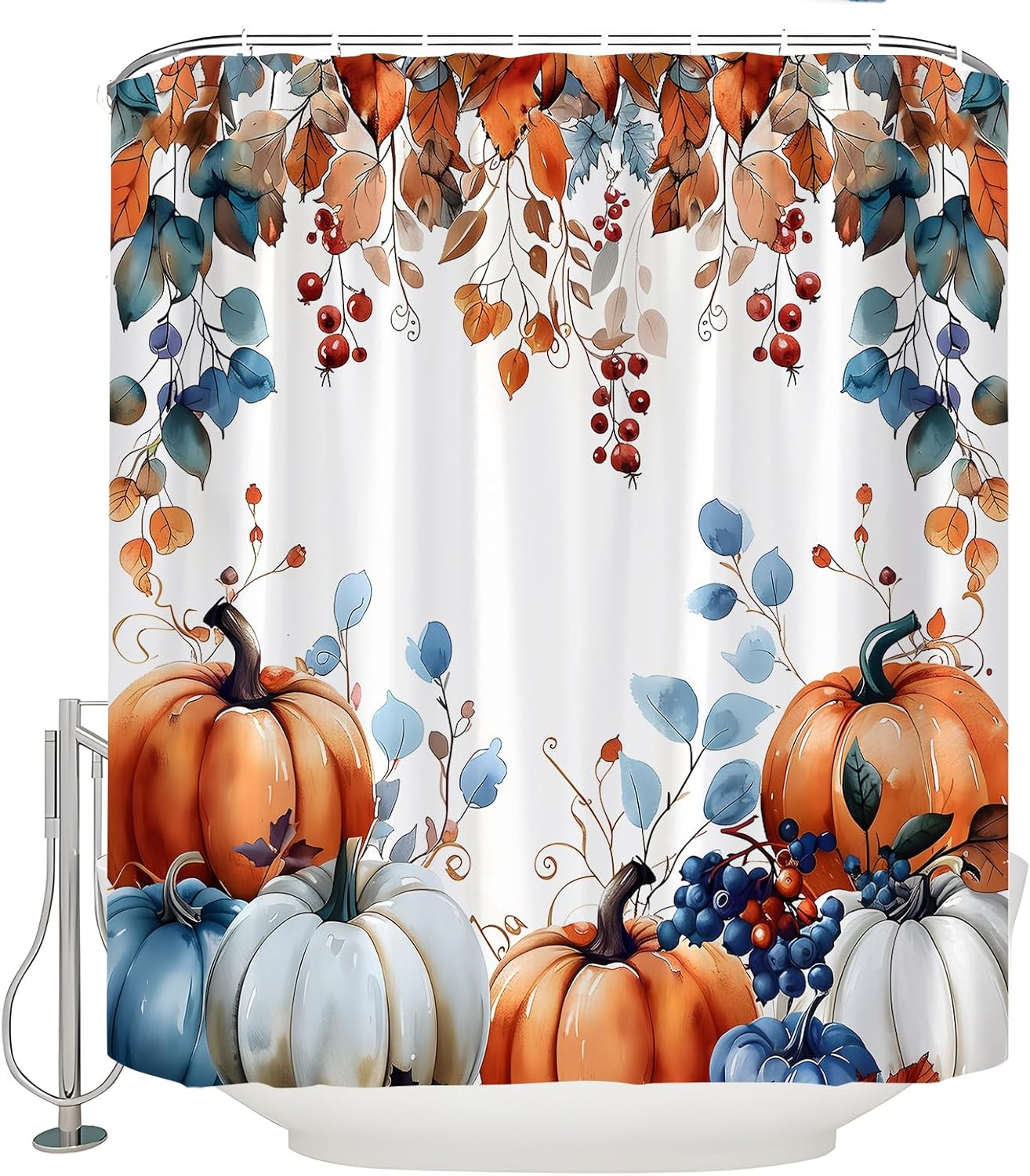 Autumn Pumpkin Shower Curtain Fall Harvest Floral Rustic Thanksgiving Watercolor Leaves Pumpkins Seasonal Festival Farmhouse Decor Bathroom Curtain Set with Hook