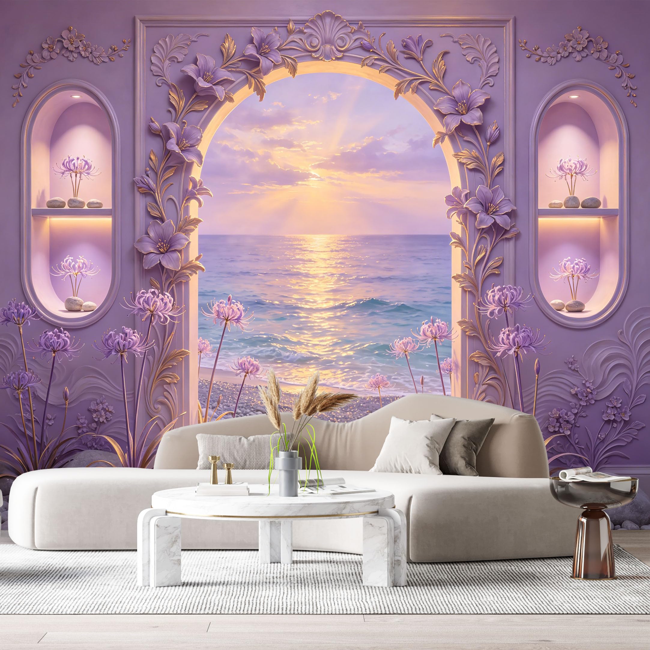 Custom Size Wall Murals Fantasy Ocean Sunset Lavender Arch 3D Trompe L'Oeil SelfAdhesiveWall Fabric Removable Wallpaper Wall Decor for Living Room Bedroom Bathroom