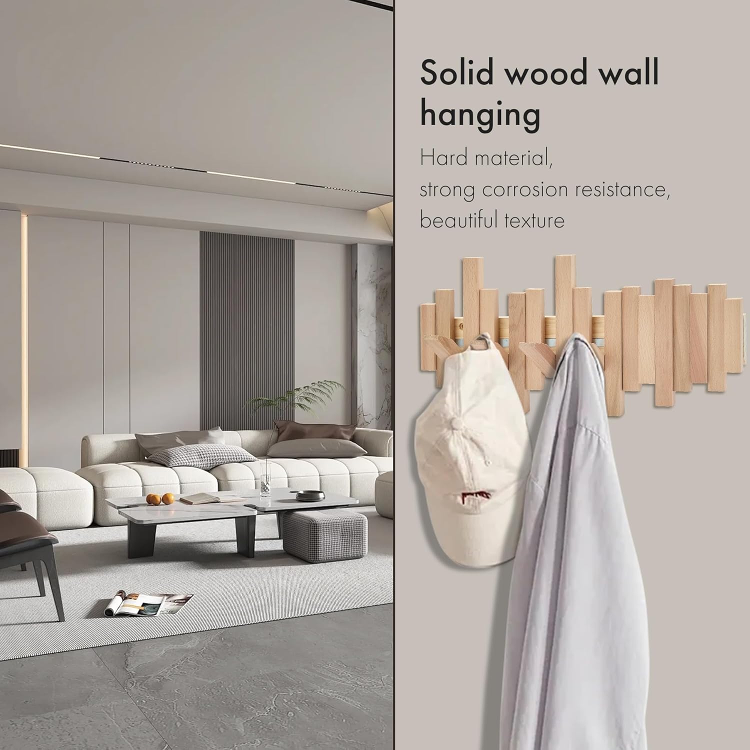 Natural Wood Wall Mounted Piano Coat Rack | Mounted Coat | Flip Up Wall Hook 6 Hooks | Entry Art Hooks in Walnut (Wood Color, 6)