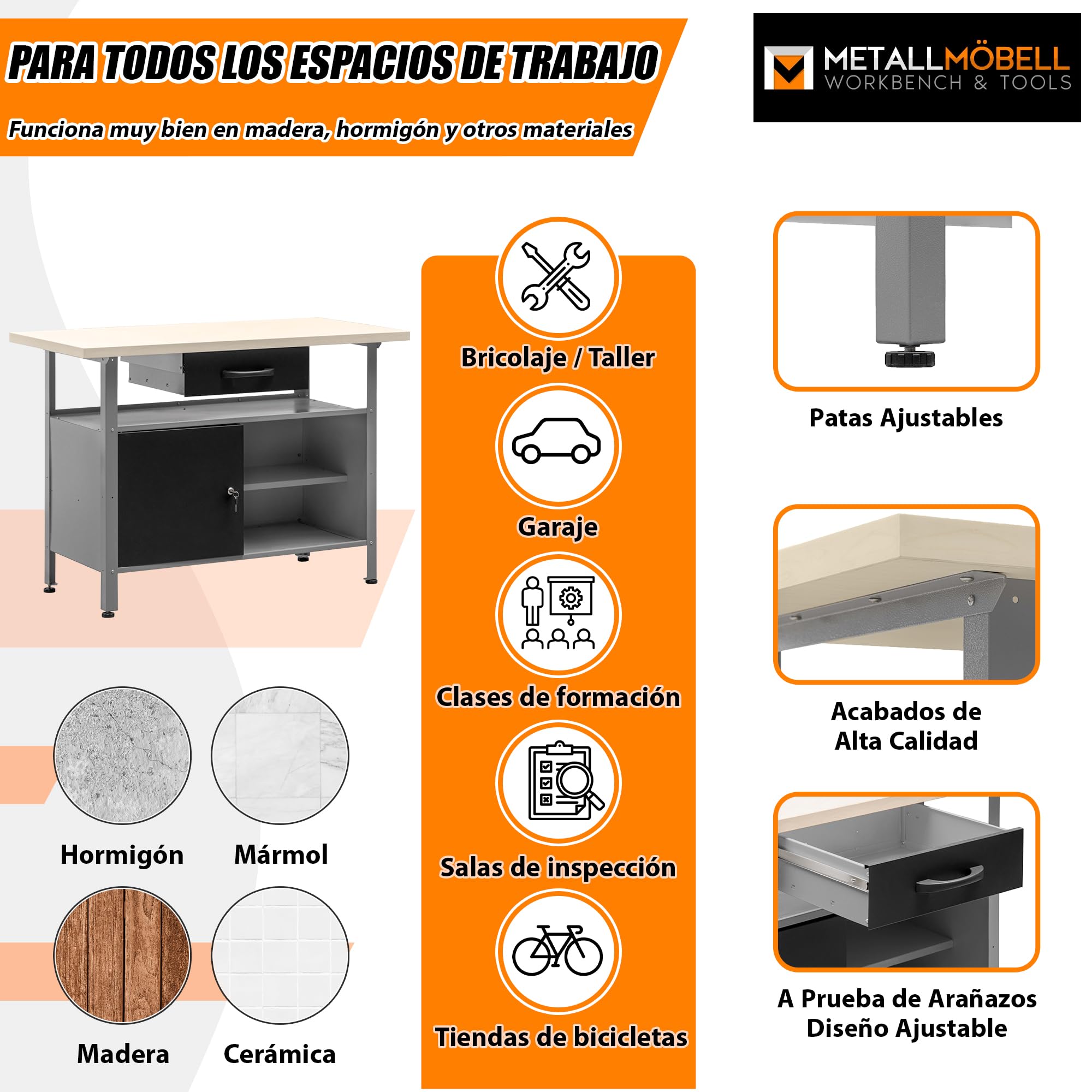 METALLMOBELL Banco de Trabajo Profesional 120x60x84cm Cajón Armario con Llave MB007