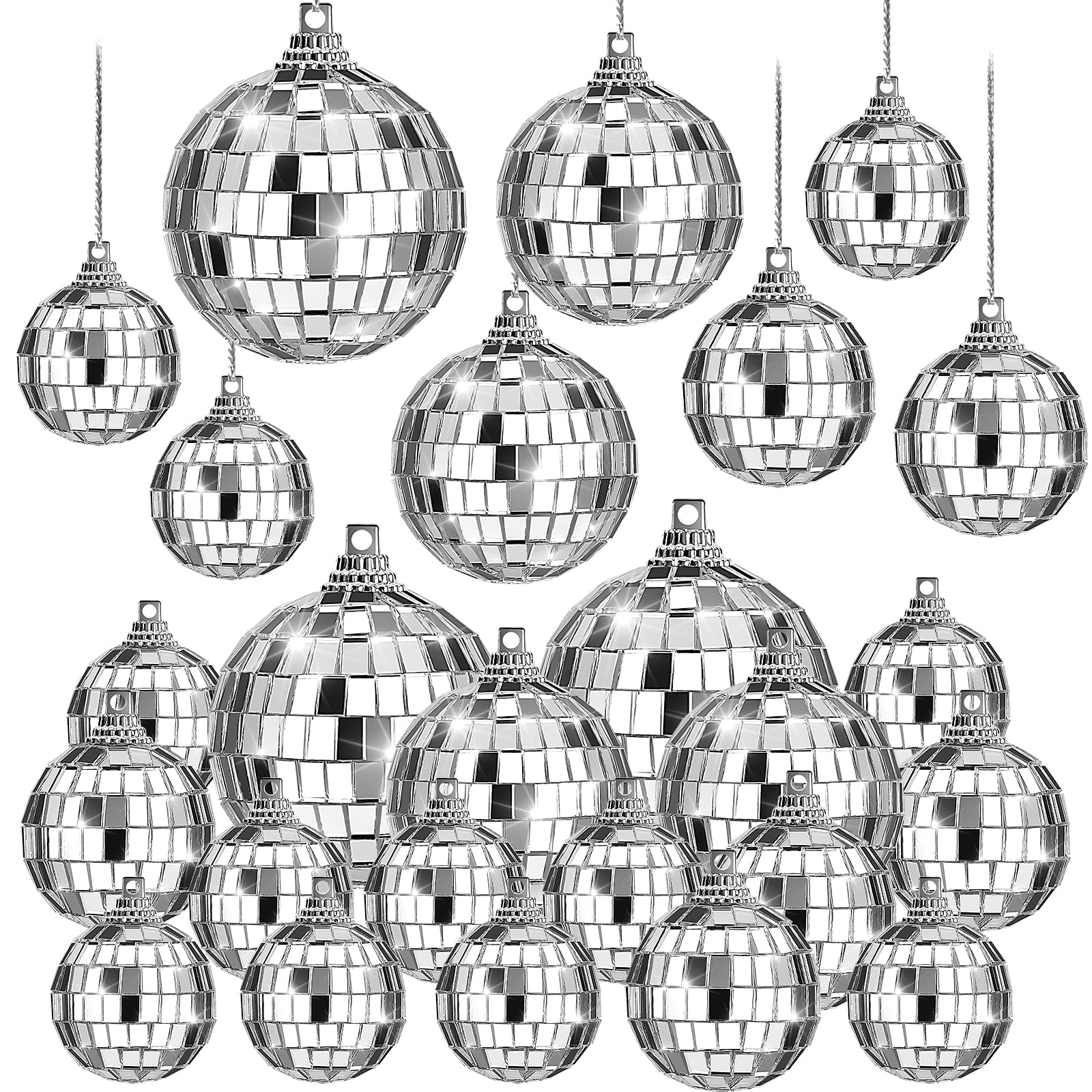 CLUEWR 28 Pack Disco Ball Decorations, Silver Mini Hanging Mirror Ball Ornaments with Rope for 70s Disco Themed Birthday Party Supplies, 4 Sizes