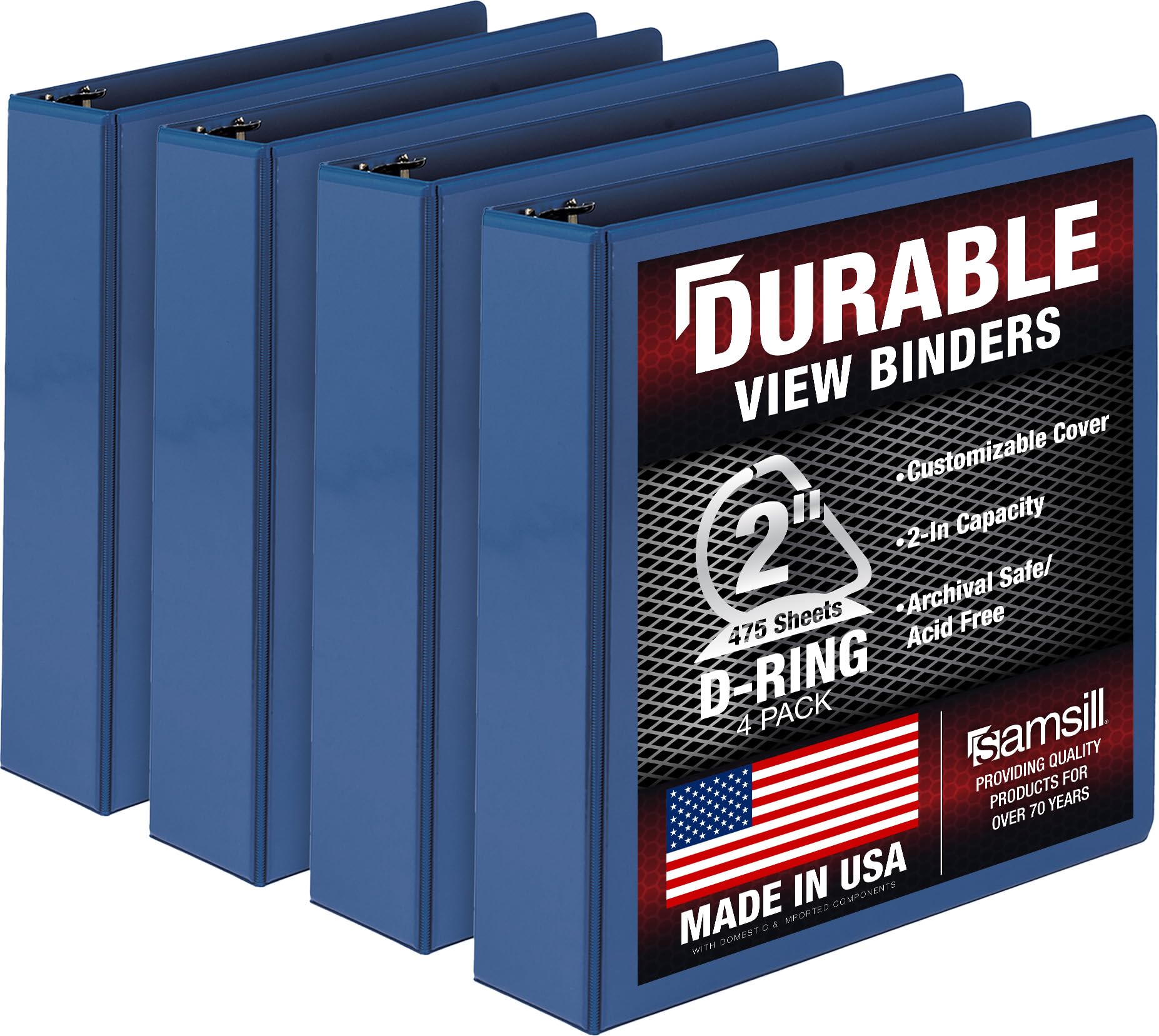 Samsill Durable 2 inch 3 Ring Binder, Made in USA, D Ring Binder, FSC 100% Recycled Chipboard, Blue, 4 Pack