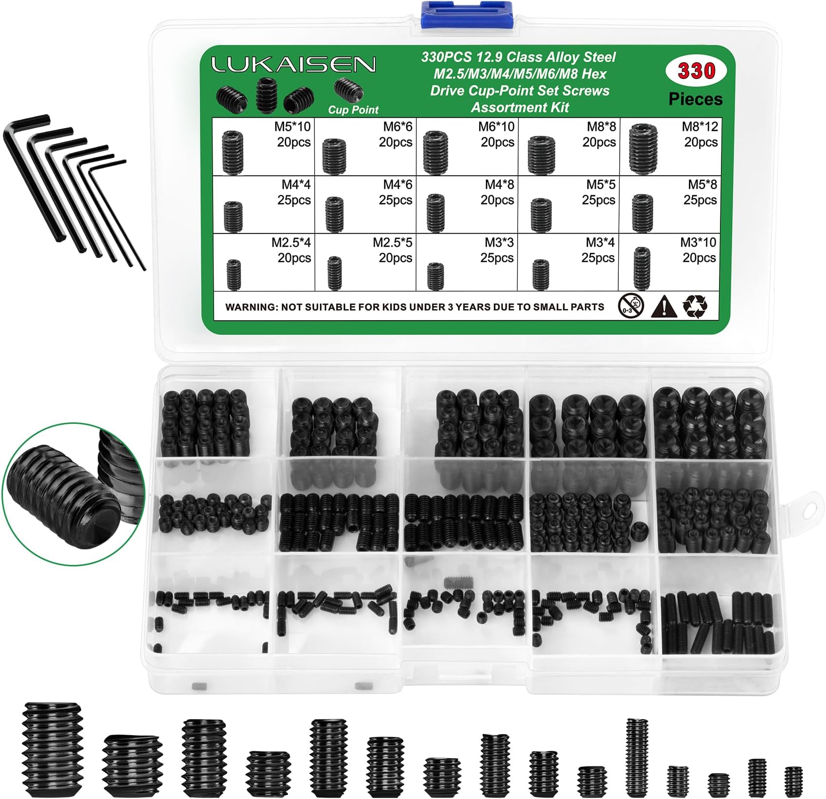 Set Screws, 330PCS Hex Drive Cup-Point Set Screws Assortment Kit-M2.5/M3/M4/M5/M6/M8 Allen Head Socket Grub Screw, 12.9 Class Black Alloy Steel Metric Small Screws for Door Handles Light Fixture