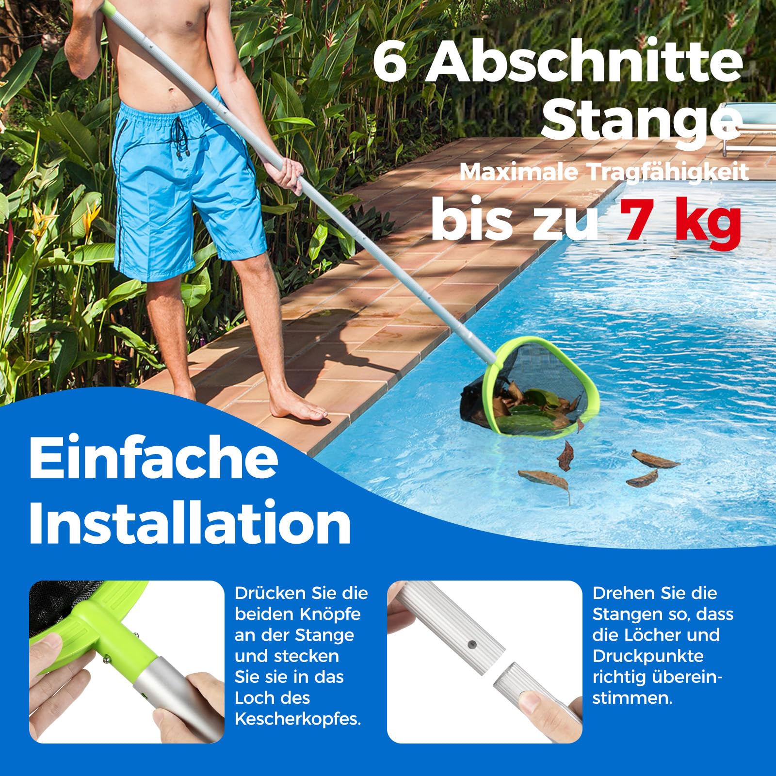 Mowend Épuisette Piscine Filet Surface – Cadre Plastique Renforcé 44x32,5 Cm, Maille Fine Profonde 34 Cm, Compatible Perche 29 Mm (sans Perche)