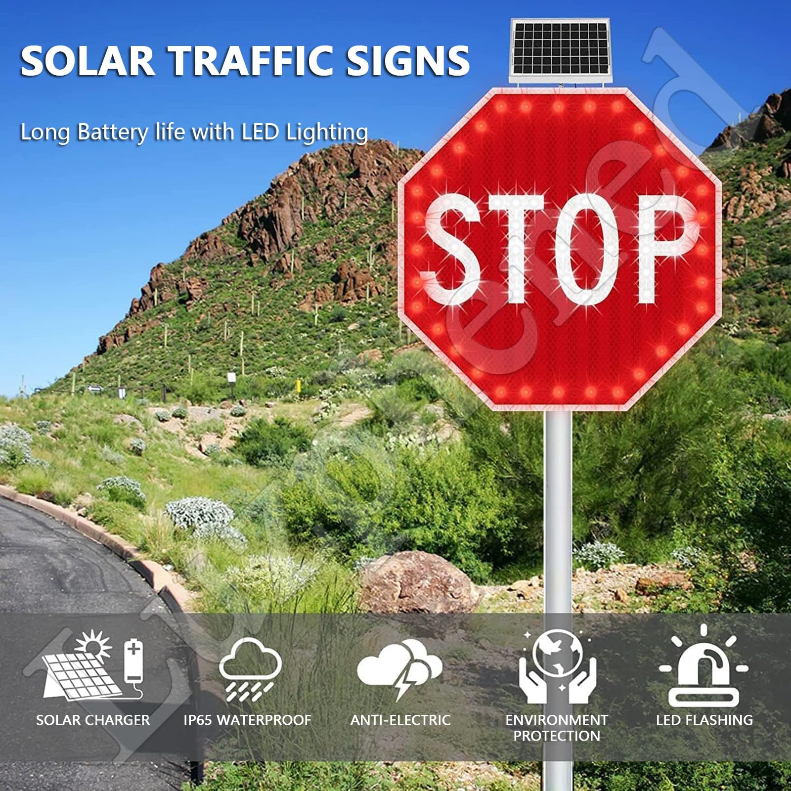 Señal de stop LED con energía solar con película reflectante de grado industrial, señal de tráfico intermitente roja, señales de carretera octagonales de aluminio pesado, resistente al agua IP65 30''