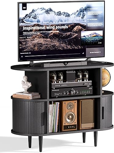 Soporte de TV pequeño estriado de 35.4 pulgadas, soporte de TV moderno de mediados de siglo para dormitorio, centro de entretenimiento de TV con disponible en Yaxa Guatemala