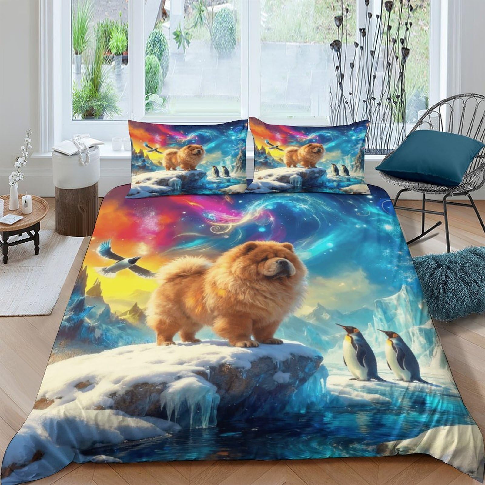 EMYXPAQM Chow Chow Duvet Cover Set 3D Penguin Design Bedding Sets Ultra Soft Microfiber Quilt Cover with Zipper & Pillow Cases for Kids Girls Adults King（220x240cm）
