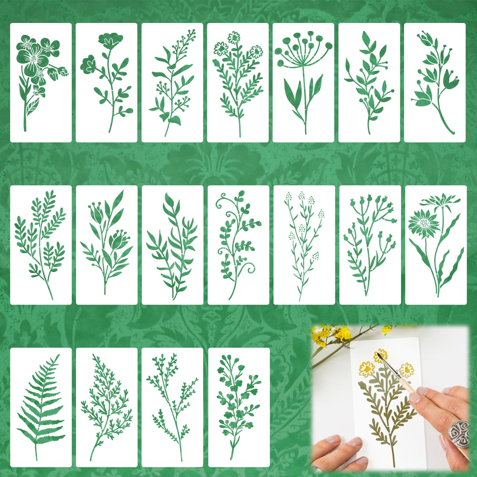 SMCEHEYA Painting Stencils 18 Pieces Reusable Flower Stencils Painting Crafts Templates Floral Leaves Drawing Stencil for Wood Canvas DIY Scrapbook Window Wall Decor Art Card Notebook(7.5x15cm)