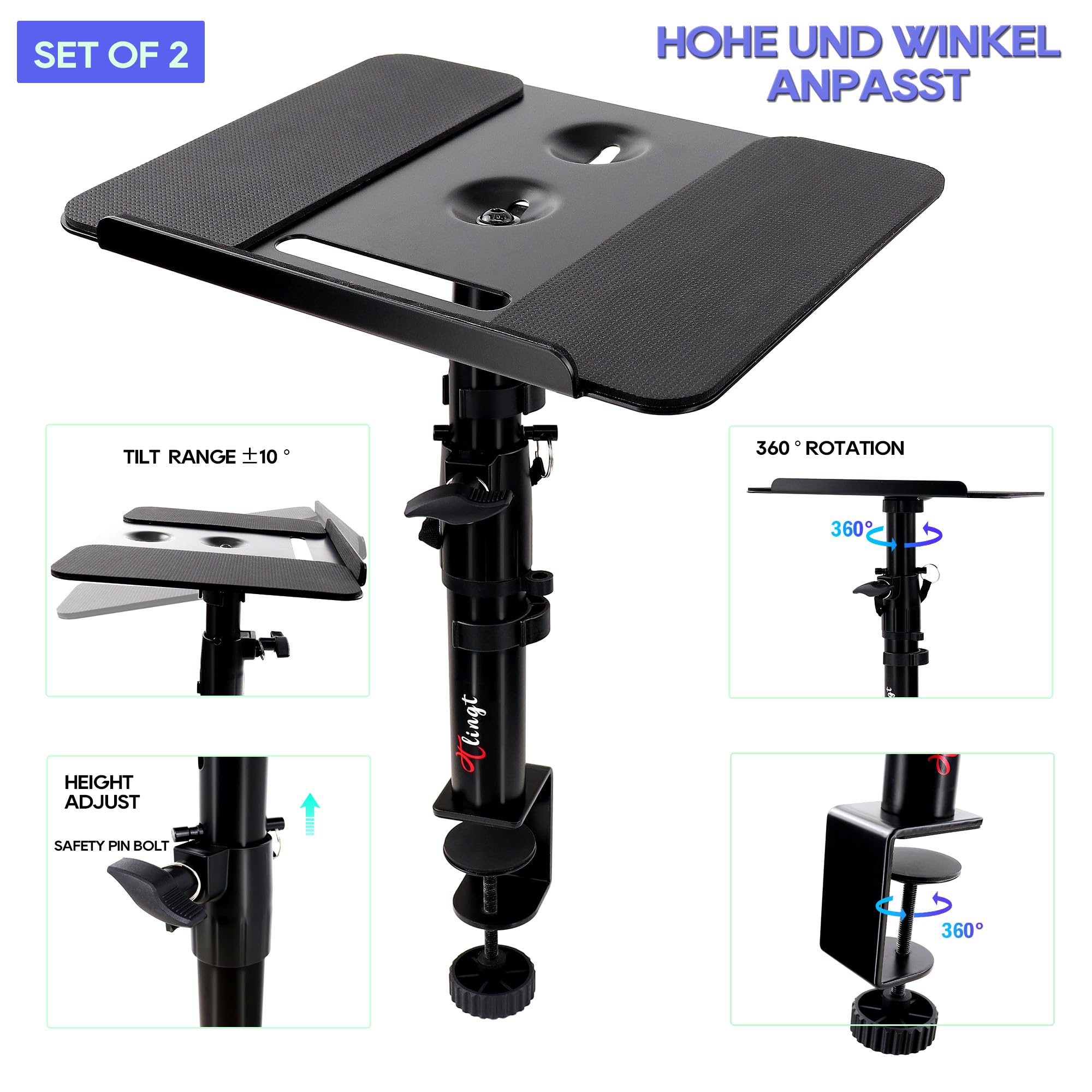 Studio Monitor Ständer, Lautsprecher Tischhalterung, Ständer für Lautsprecherboxen mit Tischklemme für Studiomonitore, Klemmhalterung, Drehbar, Neigbar, Höhenverstellbar, Schwarz