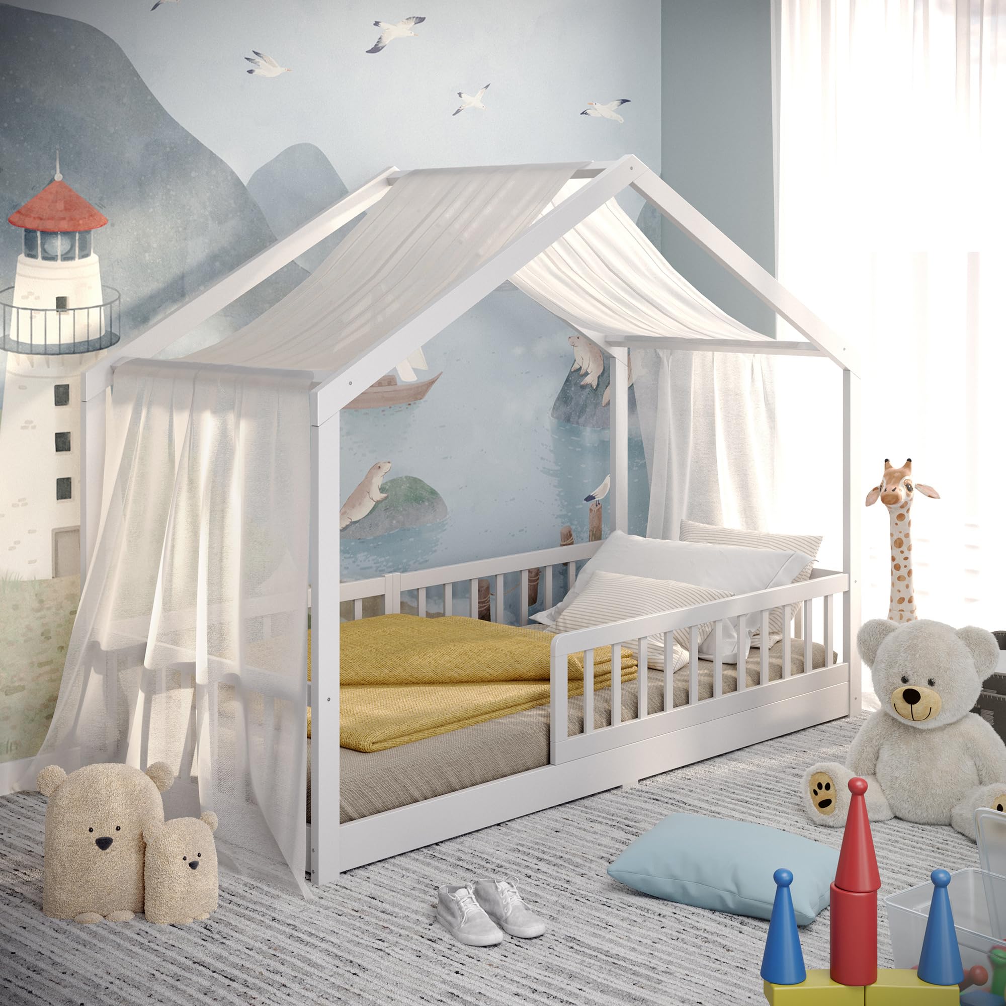 CADANI Malte Letto Casetta per Bambini 90x200 cm – Letto Montessori a Pavimento con Barriera Rimovibile, fino a 200 kg, Rete a Doghe Inclusa, Legno Massello di Pino, Bianco