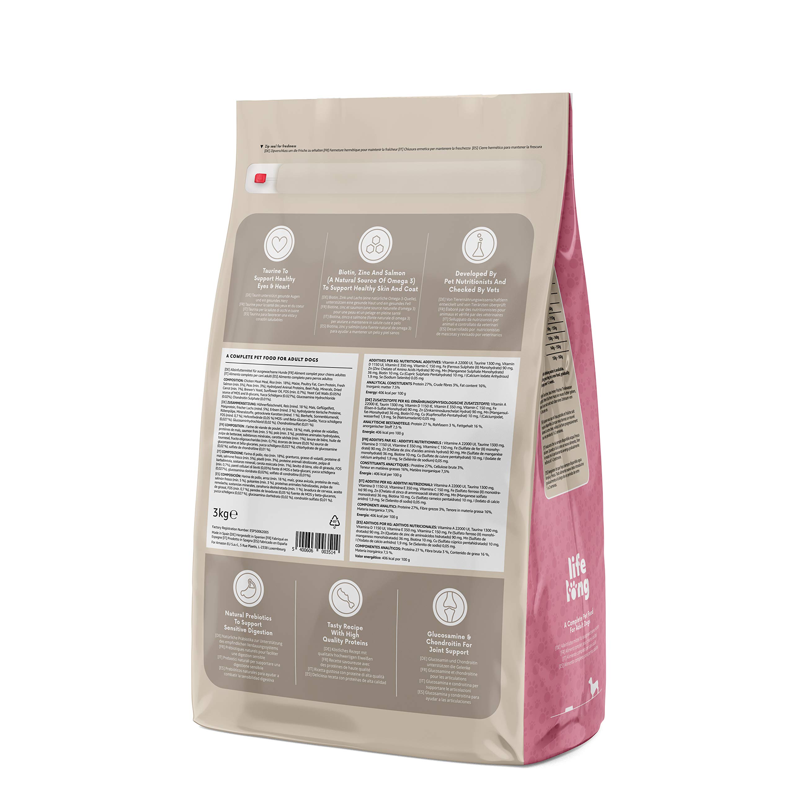 Marchio Amazon - Lifelong - Complete Alimento secco completo per cani adulti (razze di piccola taglia) con salmone e riso, 1 x 3kg (Confezione da 2)