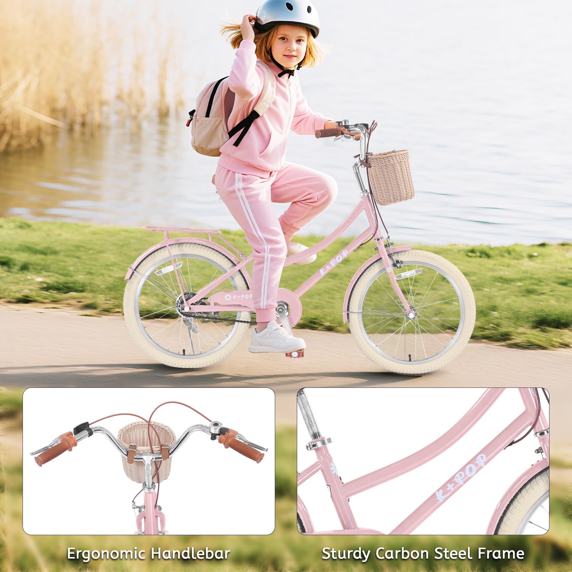 Girls Bike with Basket for 5-13 Years, 20 Inch Kids Bicycle with Bell- Princess Girls Kids Bike,Single Speed Girls Bikes with Carbon Steel Frame and Adjustable Seat Height