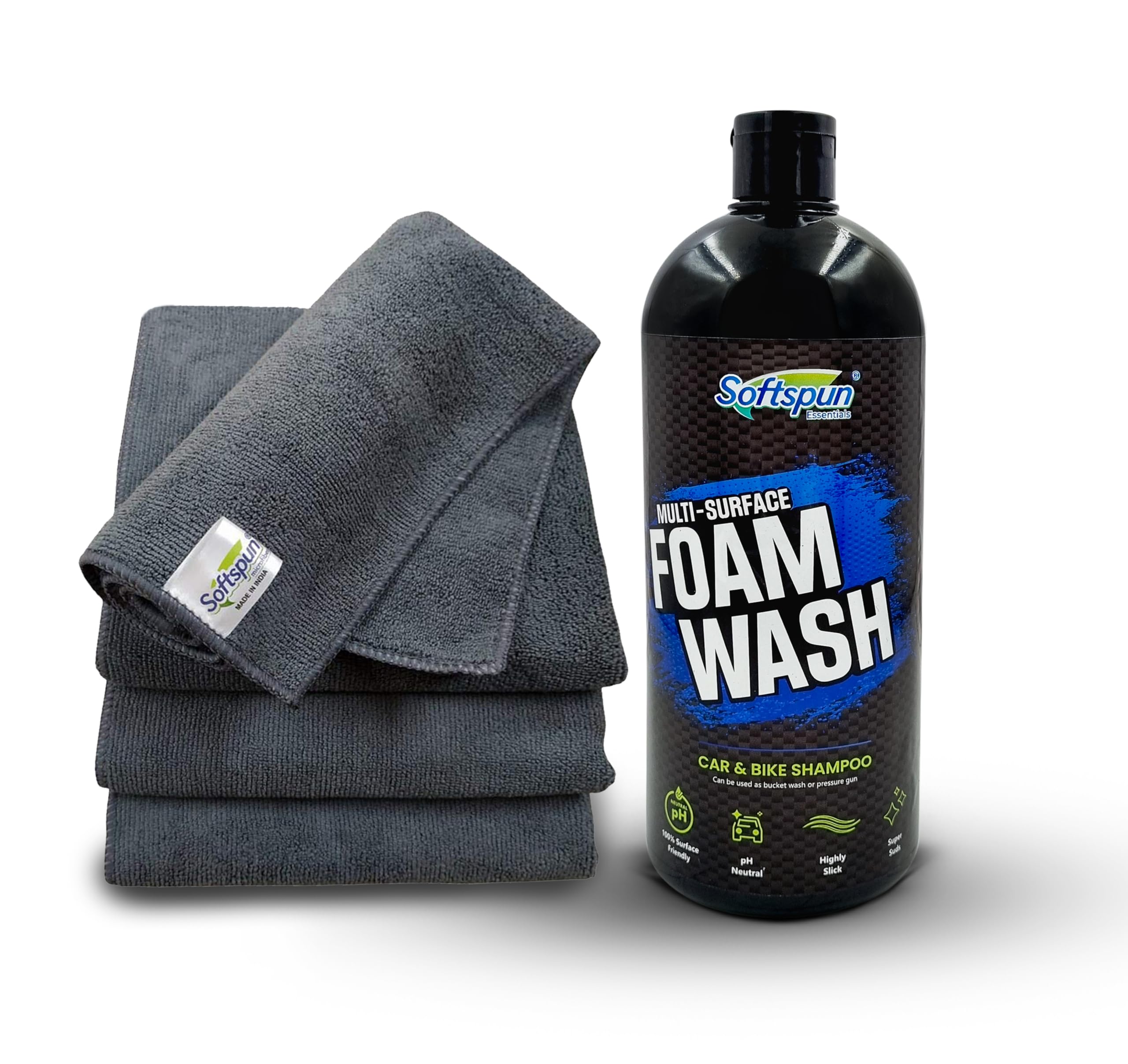 SOFTSPUNMicrofiber 1 ltr Car shampoo combo 40x40cm 340gsm 4pcs Grey! Car & Bike Premium Liquid Shampoo Combo | Extra Suds, Removes Tough Dirt & Grime | pH Neutral | Works with Bucket &Foam Cannon.