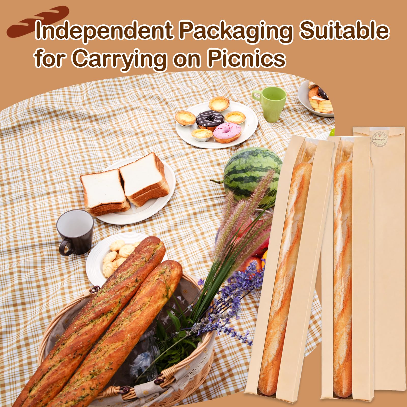 Paquete de 50 bolsas de baguette para pan casero con calcomanías, bolsas de pan de papel kraft reutilizables, bolsas largas de papel de masa madre con ventana frontal transparente