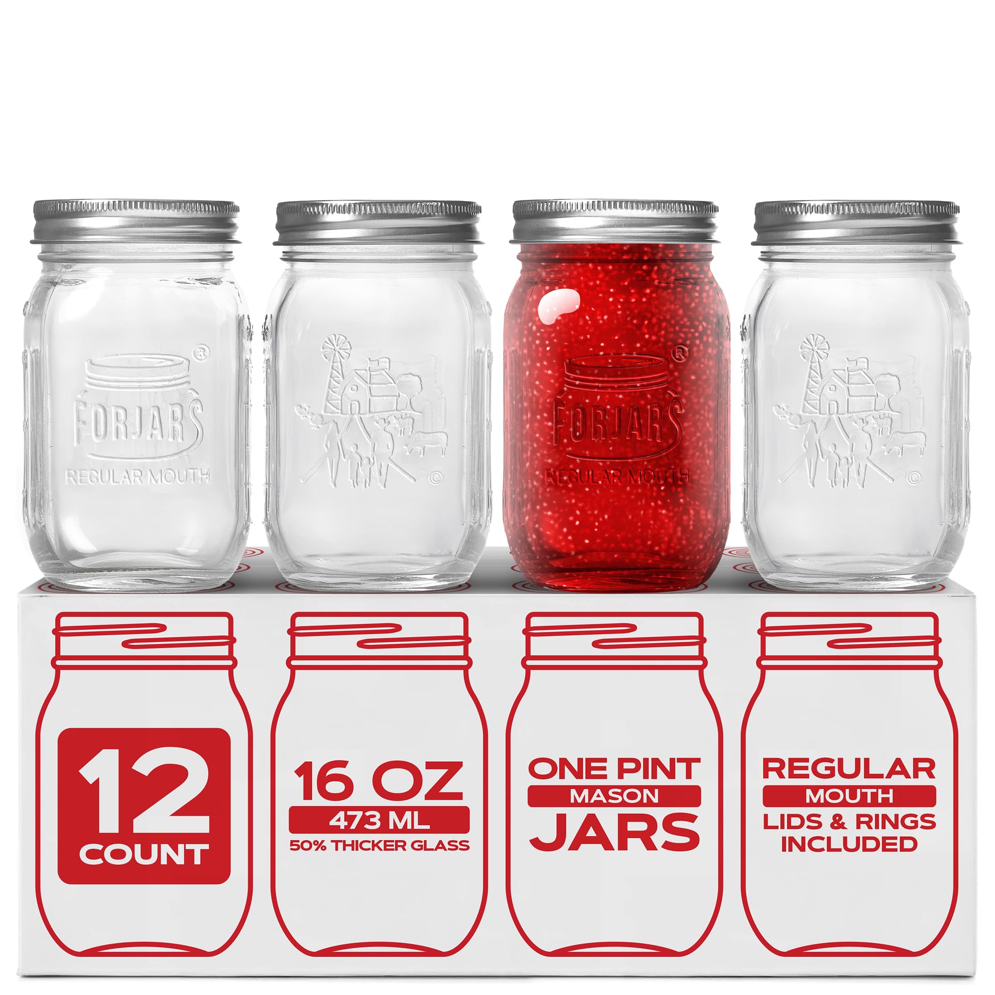 Forjars Clear Forjars® Premium Mason Jars With Lids – 16Oz | Regular Mouth Canning Jars | 12-Pack Glass Jars For Jam, Jelly, Pickling, Food Storage, Freezer Safe, Airtight Bulk Set