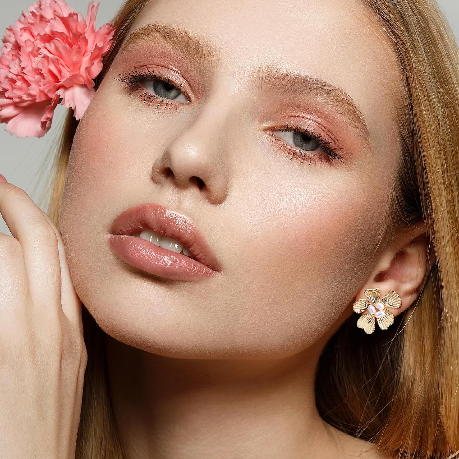 14K Gold Plated Flower Pearl Stud Earrings for Women – Elegant Floral Earrings with Textured Petals and Pearl Center, Classic Floral Jewelry for Gift - Image 2