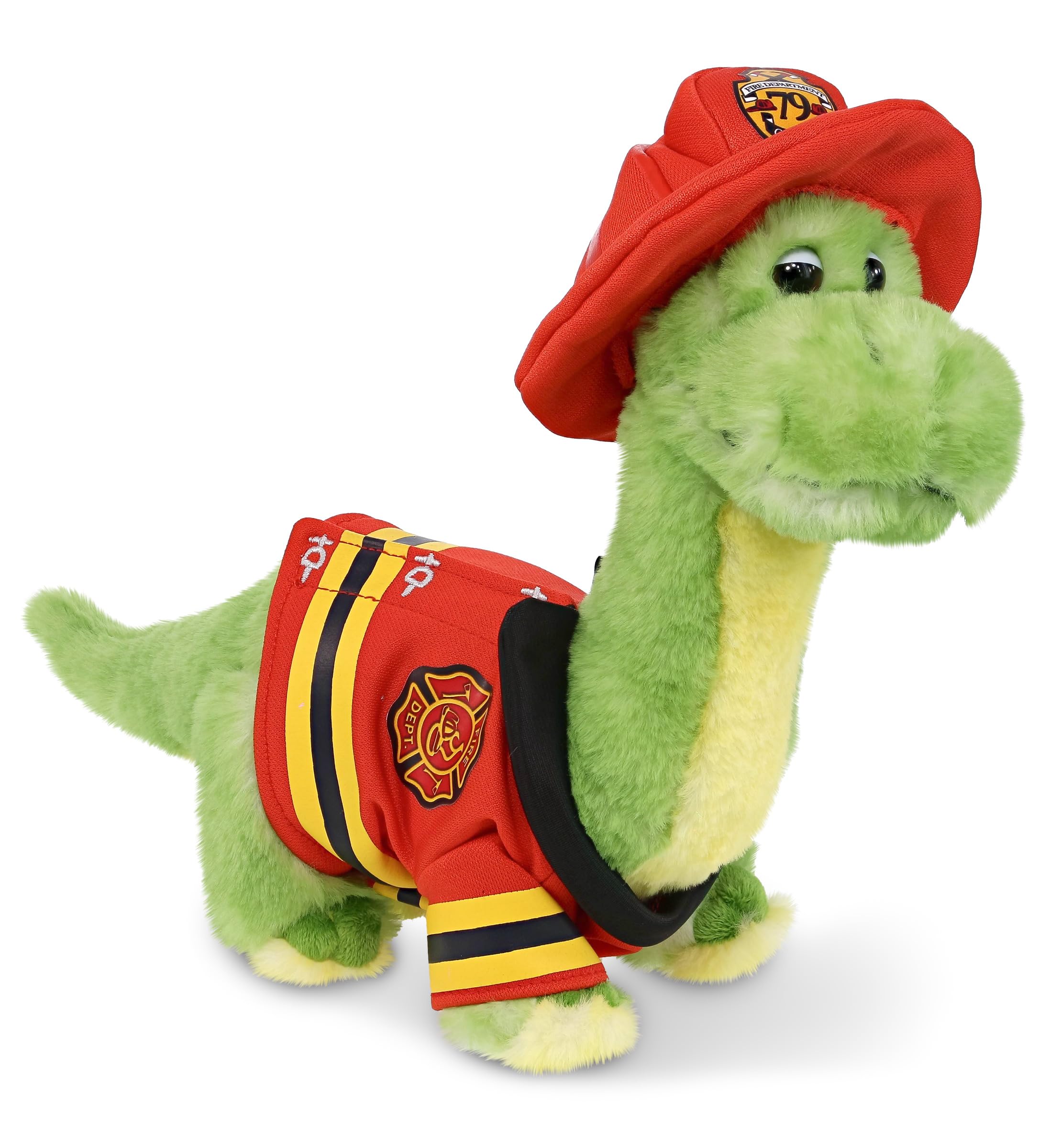 DolliBu Green Dinosaur Firefighter Stuffed Animal with Name Personalization - Super Soft Dinosaur with Red Fireman Costume Outfit and Fireman Hat, Cute Fire Fighter Doll Plush Toy for Kids - 10 Inch