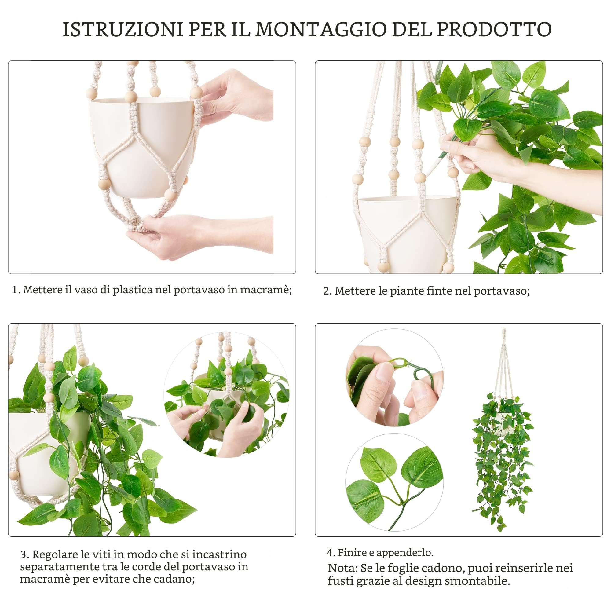 Mkono Pianta Finta Da Appendere Con Vaso E Macramè – Set Completo Con Pianta Artificiale Di Arachide, Gancio In Cotone E Fioriera In Plastica - 2