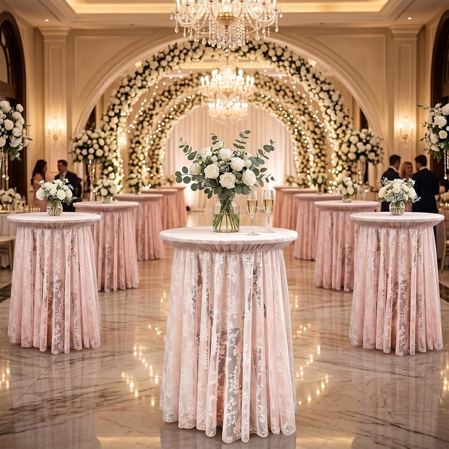2-Pack Coral Pink Lace Fabric Cocktail Table Covers, Stretch High Top Highboy Tablecloths with Ruffle Skirt, Wrinkle-Resistant, for Wedding Fashion Banquet Home Party Tables (32" Dia x 43" H)