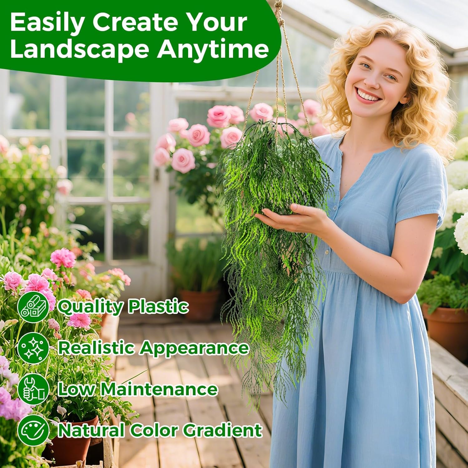 3PCS Artificial Plants Indoor Realistic Fake Hanging Plants with 45 Greenery Branches, Fake Ferns for Shelf Office Shower Boho Wall Balcony Outdoor Wedding Bedroom Decor (Fishtail Fern) - Image 4