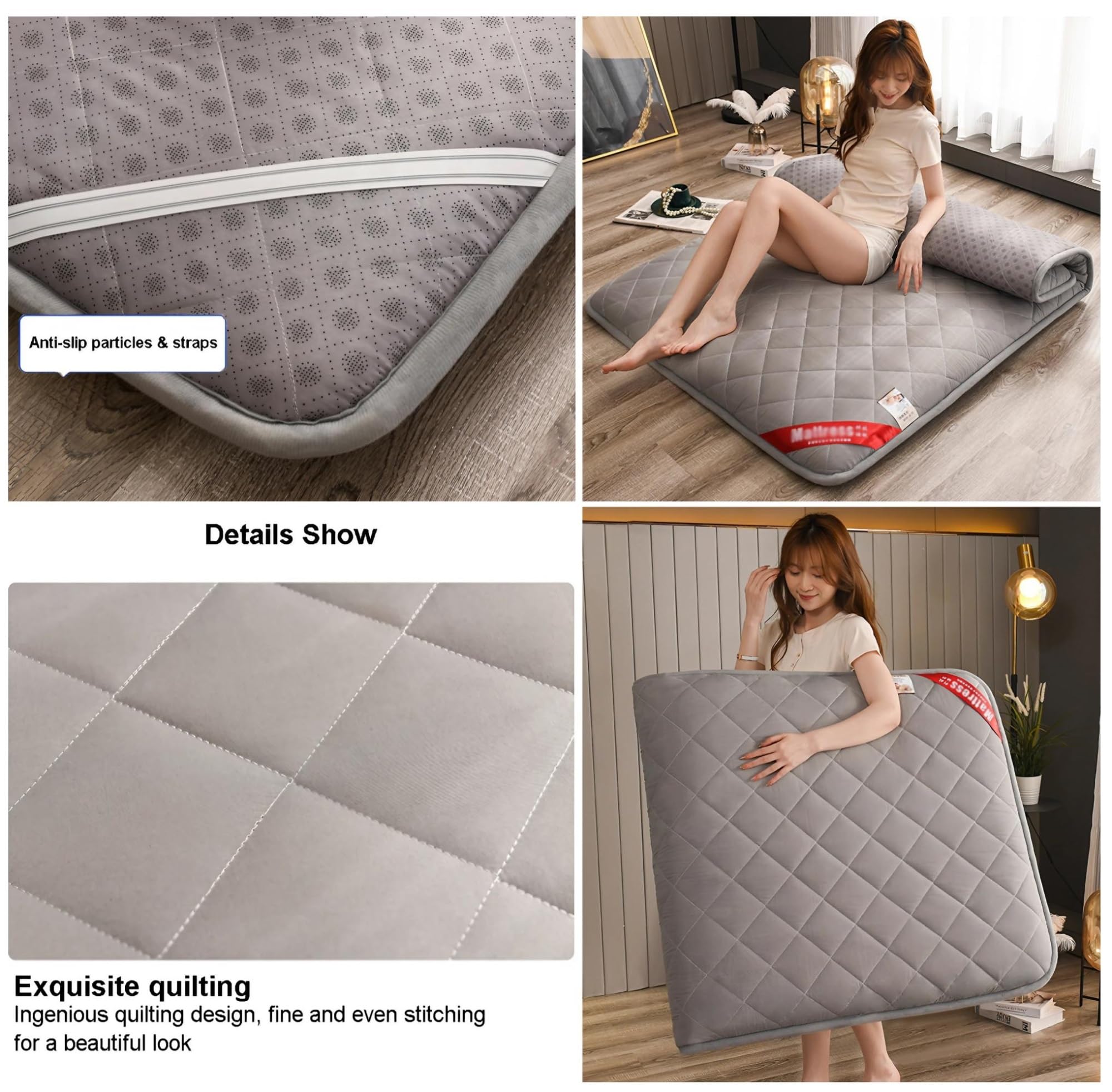 Materasso Futon Giapponese per Casa - Pieghevole e Portatile, Ispessito e Trapuntato, Morbido e Confortevole per Letto Ospiti e Dormitorio - Traspirante e Antiscivolo(Gray,100 x 200 cm)