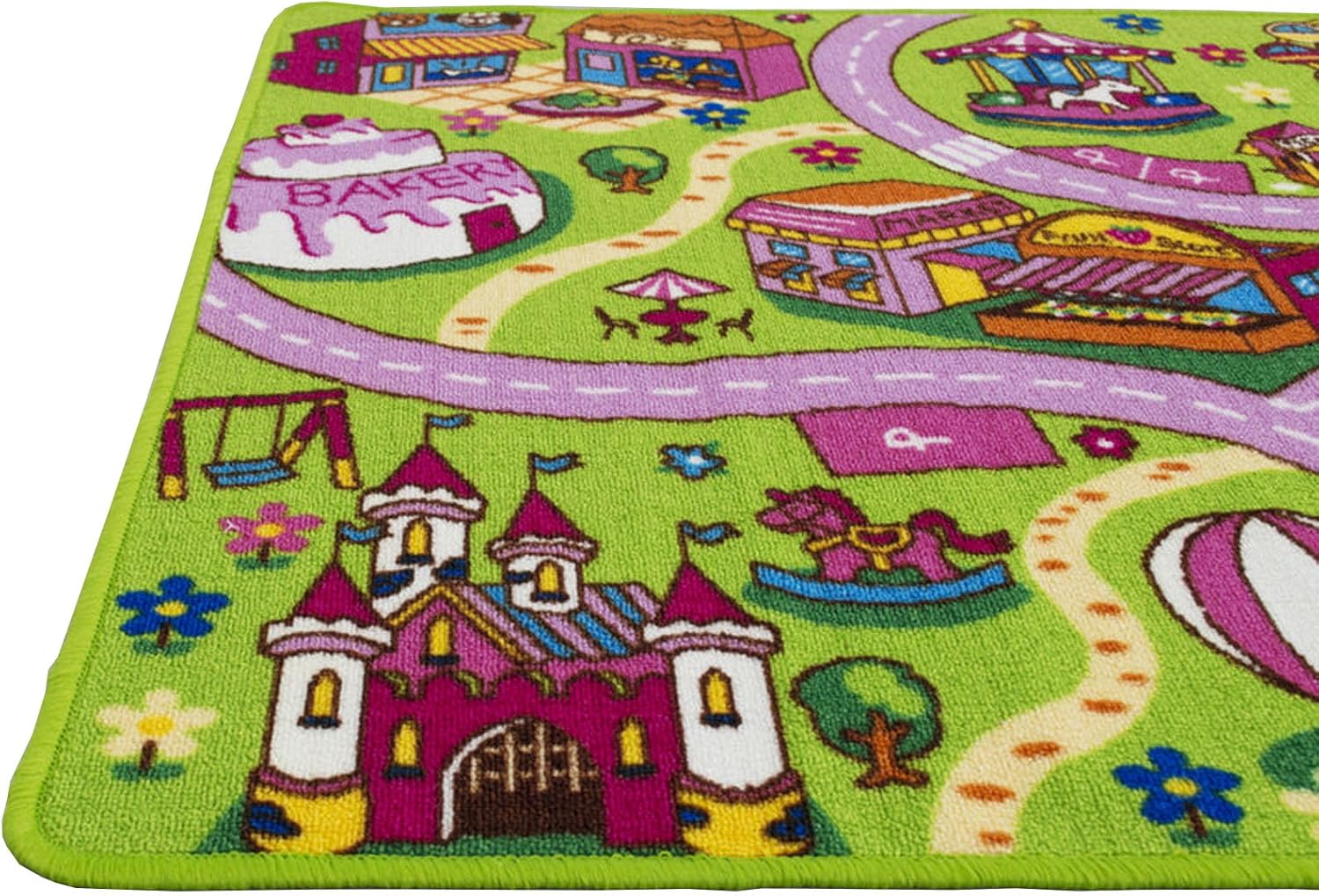 HR- Kids Rugs Dream Land Road Rugs Driving Cars City map (7'3" x 10'2") Boys/Girls/Children/Toddler-Play mat for School/Daycare/Nursery Non-Slip Carpet (Pink/Green)