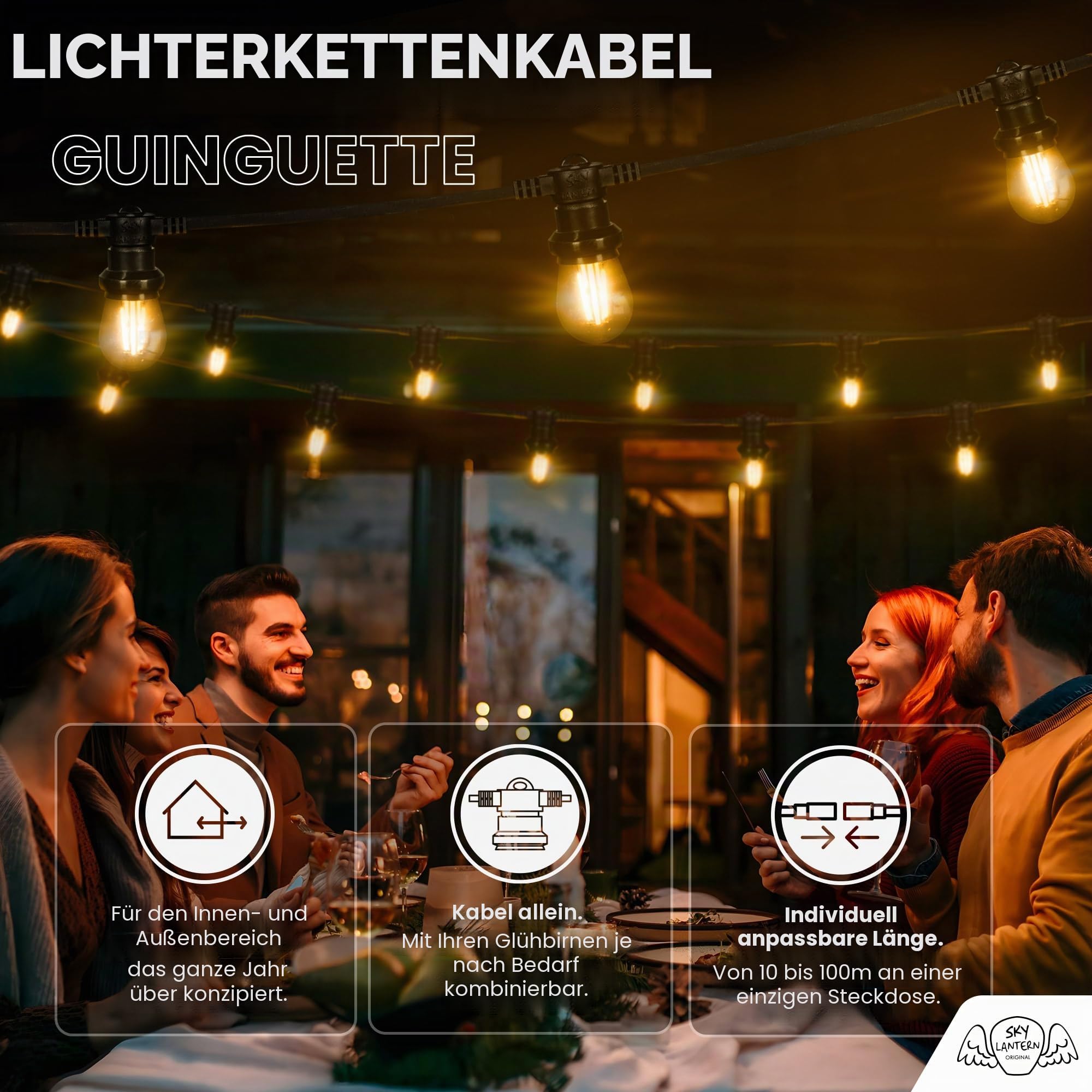 SKYLANTERN® Partylichterkette 20m Außen schwarz – IP65 wasserdicht & erweiterbar – Profi-Qualität LED Lichterkette mit 20 E27 Fassungen (1 m Abstand, ohne Glühbirnen) – für Garten, Terrasse & Hochzeit