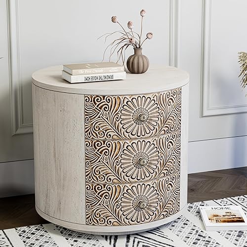 Miniatura 30 de HOMPUS Juego de 2 mesas auxiliares con cajón y estante, juegos de mesitas de noche vintage con cajón de patrones, mesita de noche de grano de 1