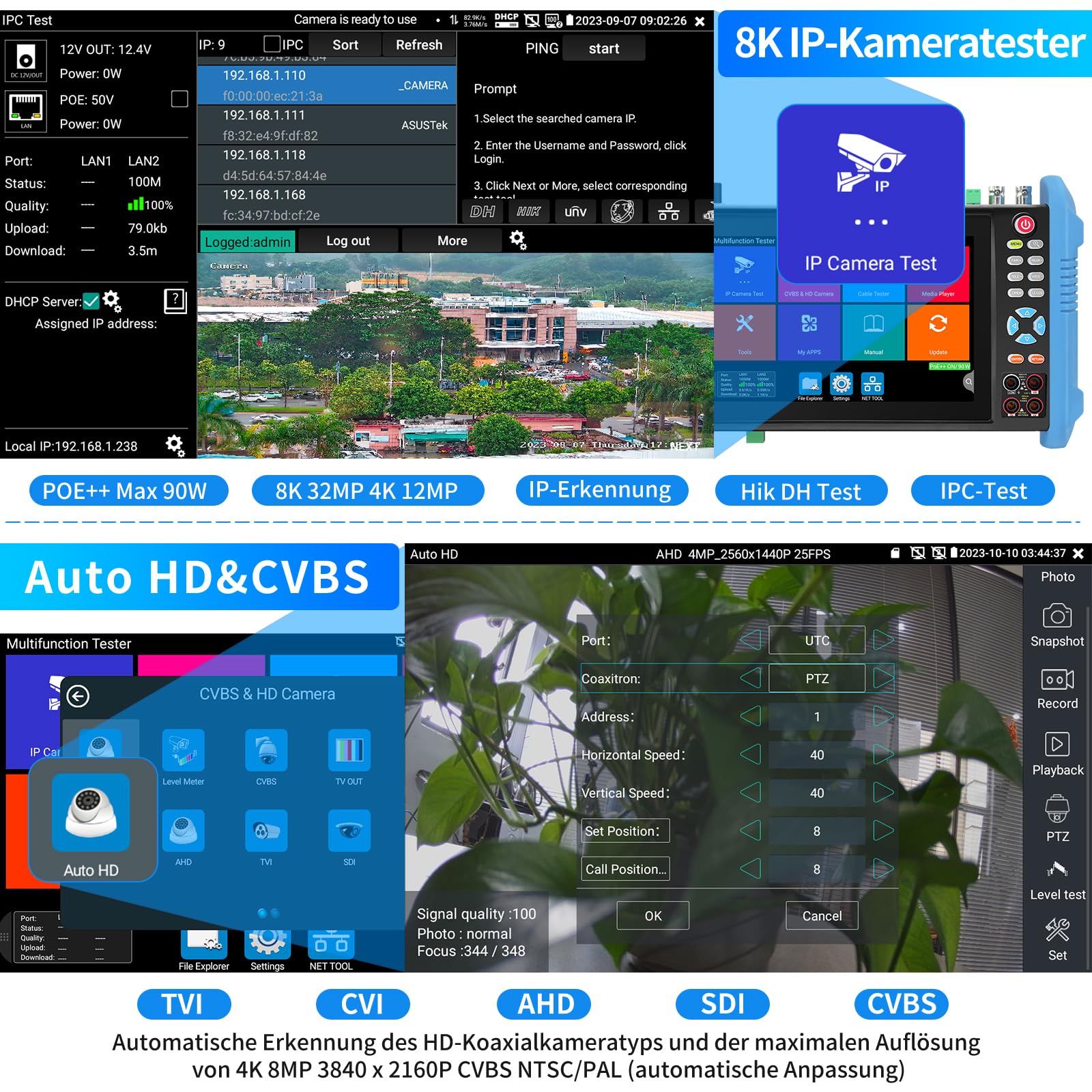 Henkion IPC-9800MOVTADHS Pro CCTV-Kameratester 8K 32MP IPC-Test 7-Zoll-IPS-Touchscreen-Monitor CCTV-Tester Unterstützung 4K 8MP HD-TVI CVI AHD SDI IP-Kameratest DMM OPM TDR POE RS485 WiFi HDMI VGA