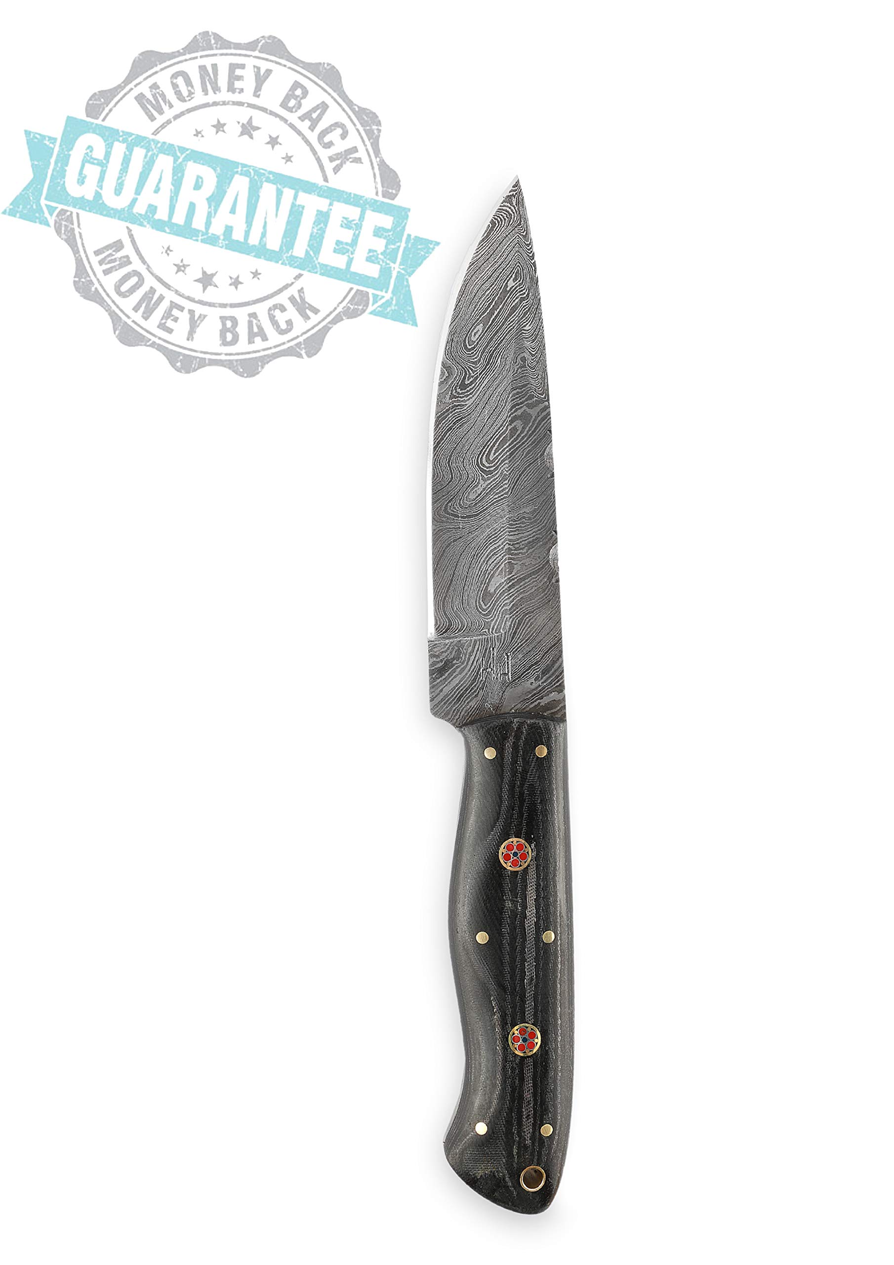 Hobby Hut HH-412 Damaskusmesser, handgefertigt, 25,4 cm, Bushcraft, Jagdmesser, Micarta-Griff | Lederscheide | Full Tang, feste Klinge | Rasierklinge, Damaststahl