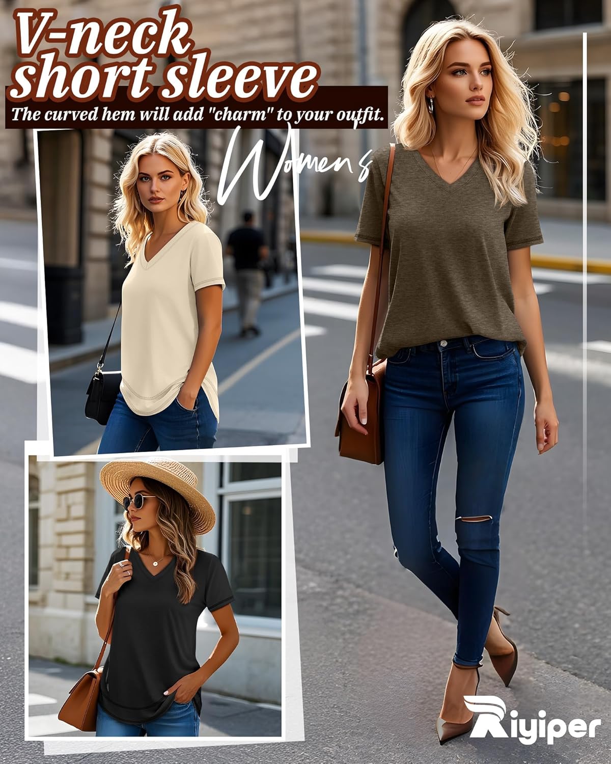 Riyiper 3 Pack Women's V Neck T Shirts Flowy Loose Fit Top Casual Summer Curved Hem Tee - Image 6
