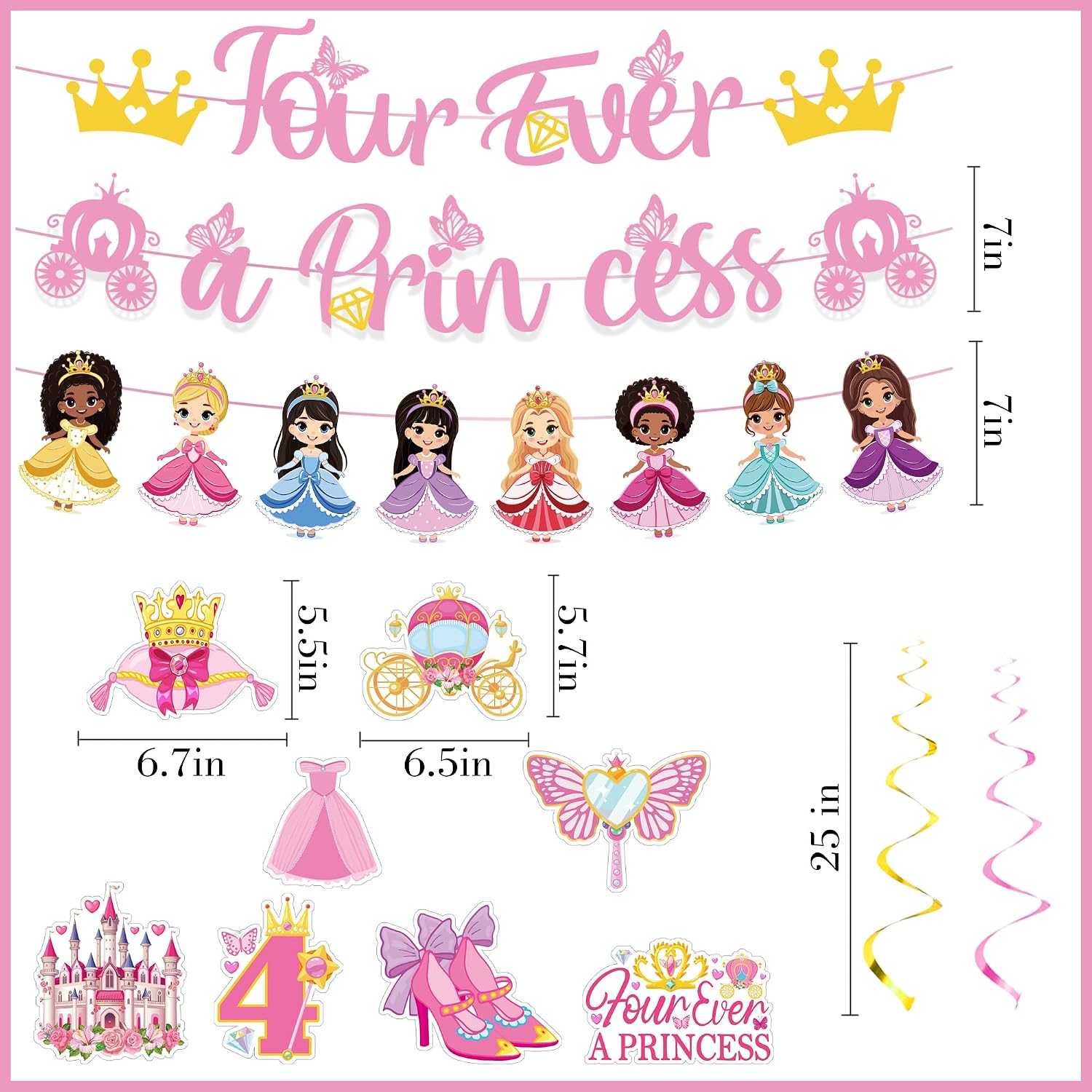 Princess Birthday Party Decorations Banner - 11 Pcs Pink Girls 4th Decor image 3