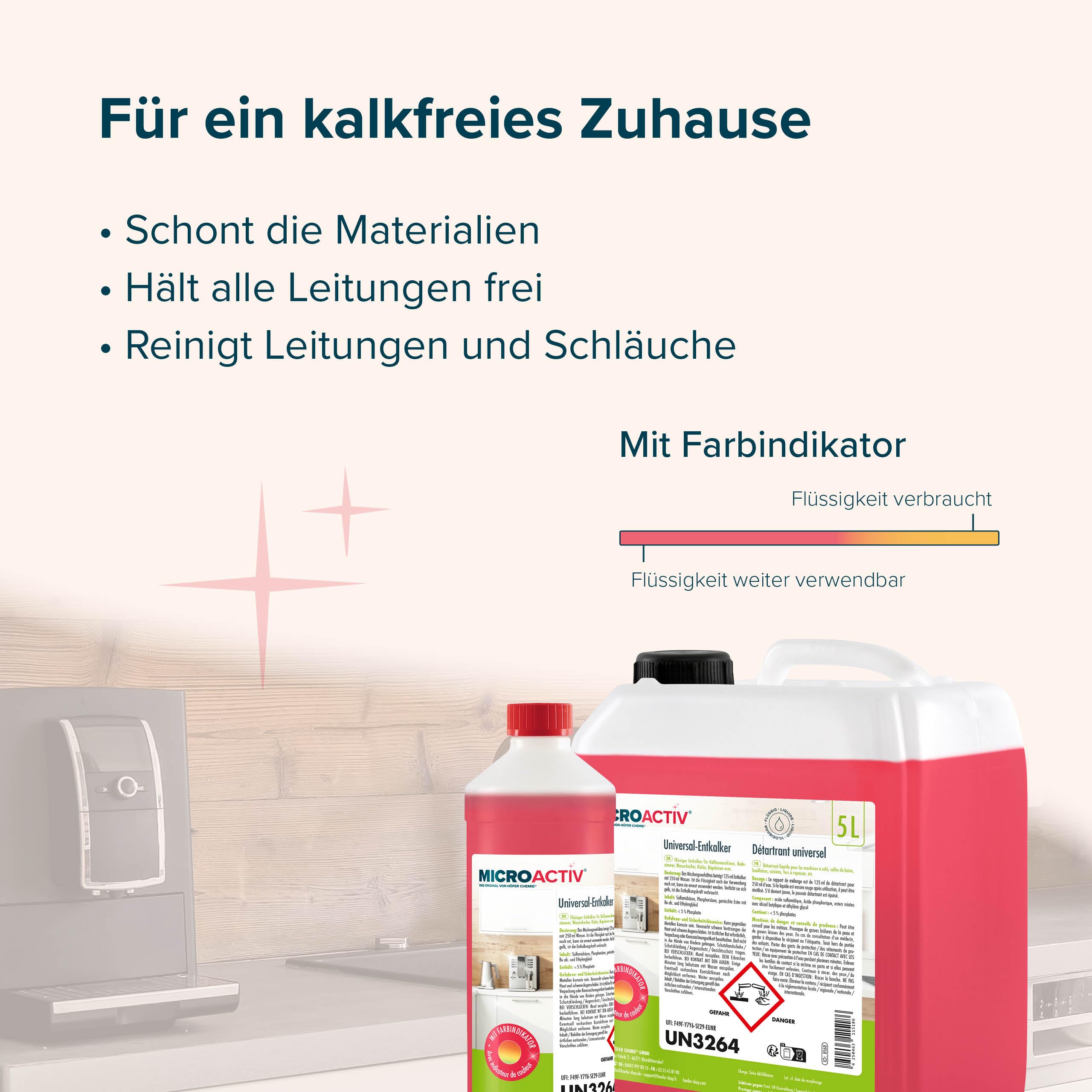 Höfer Chemie 4 x 5 L (20 L) Universal Entkalker | Mit Farbindikator für Kaffeemaschinen & Kaffeevollautomaten